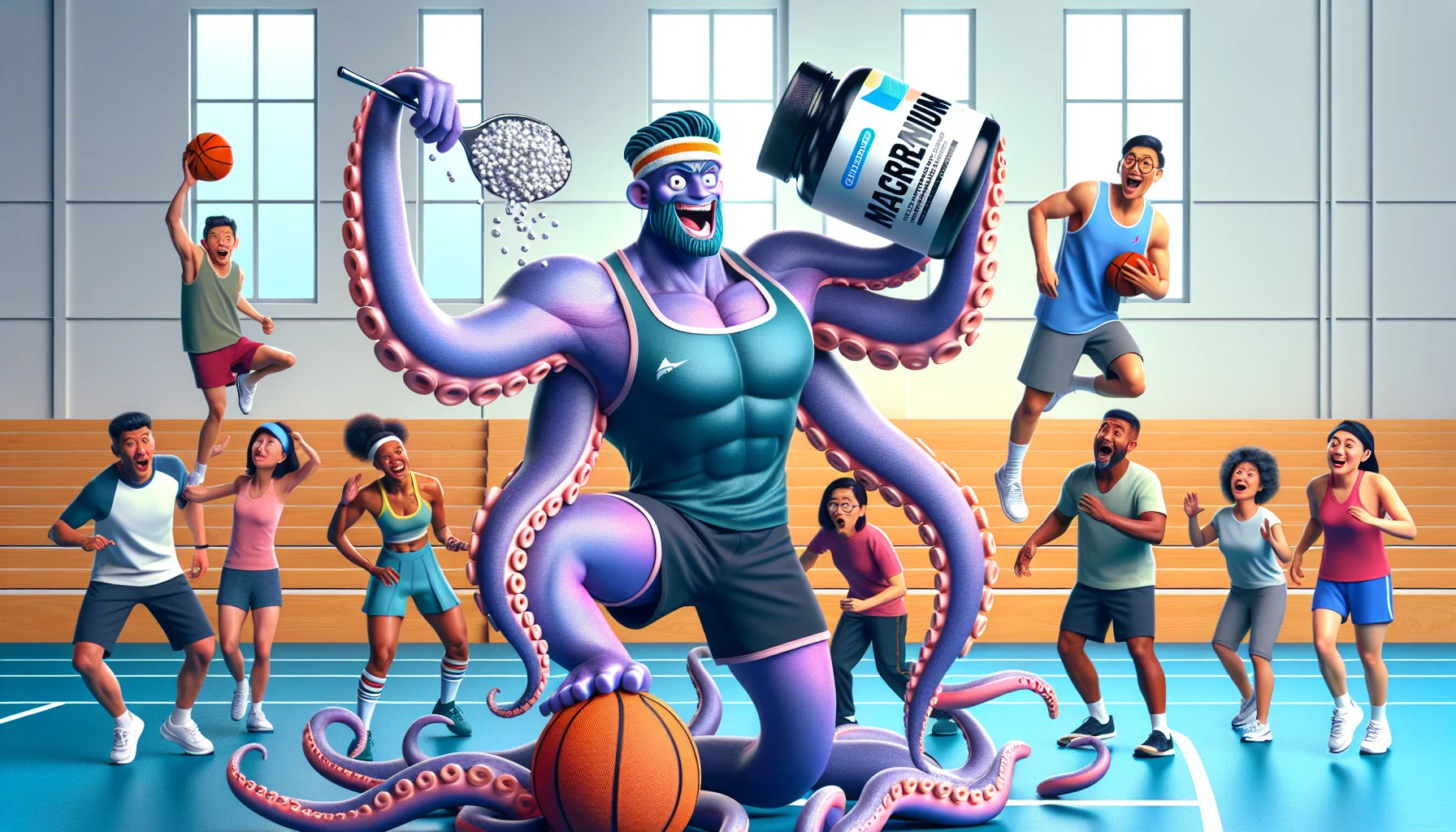 Depict an amusing scene related to sports supplements with a generic magnesium bottle replacing the 1st Phorm brand for the prop. In the foreground, there's a buff, playful male octopus, colored in shades of purple and blue. He's wearing a tennis headband and holding the magnesium bottle in one tentacle, while he's balancing on a basketball with another. He has a wide grin on his face, displaying determination. Behind him, a diverse group of people, including an Asian woman and a Black man in sportswear, watch in surprise and amusement, some even holding back laughter, signaling that the octopus is oddly inspiring them.