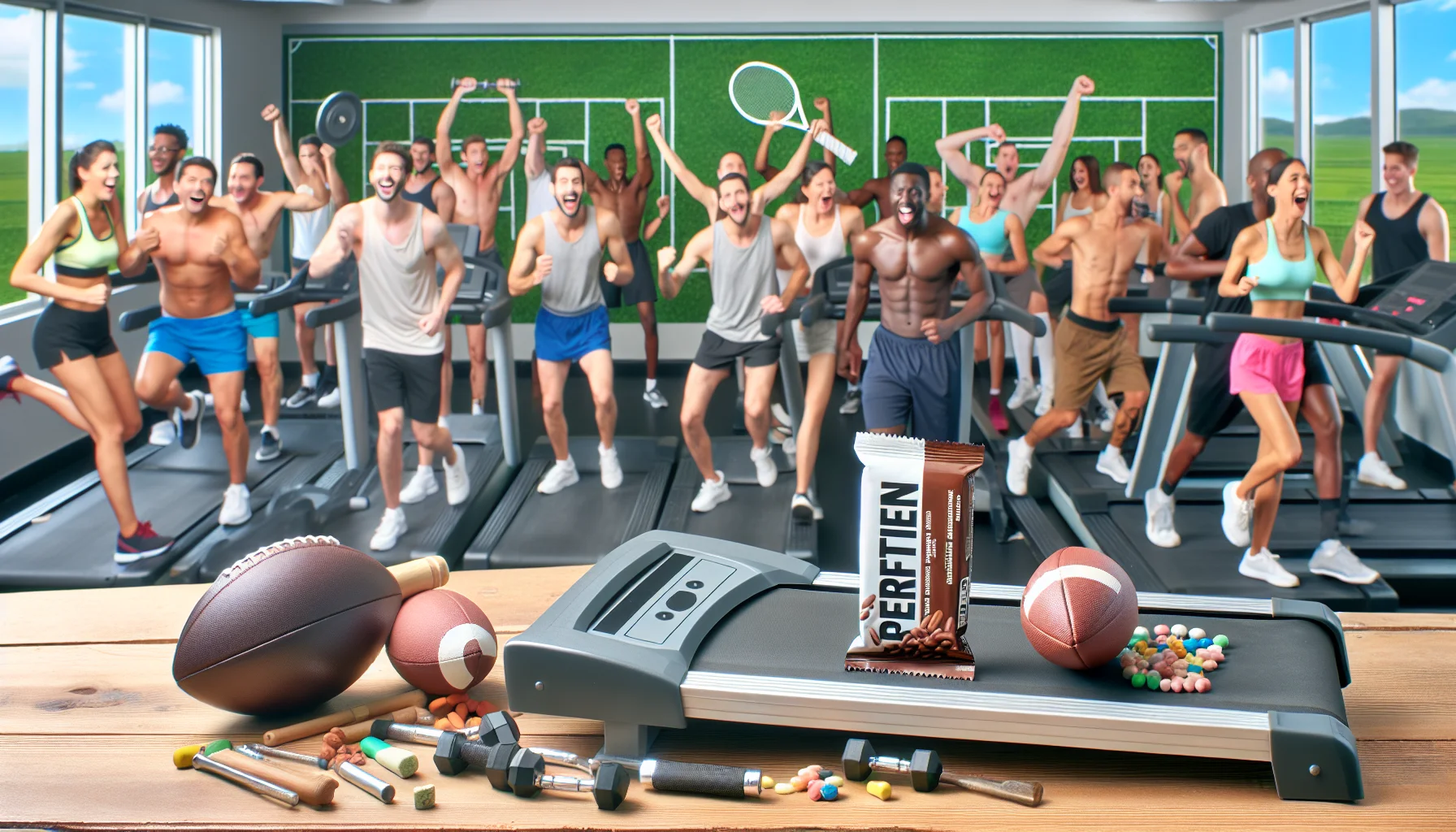 Craft a humorous and enticing scenario featuring generic protein bars placed on a treadmill, with several sports equipment tossed around such as a football, tennis racket, and dumbbells. Behind this scene, in the backdrop, construct an image of a lively gym with diverse demographics of people, portraying different genders and descents; some are working out and others laughing in surprise at the scene in front. The atmosphere is light, encouraging viewers to incorporate supplements into their fitness regimen.