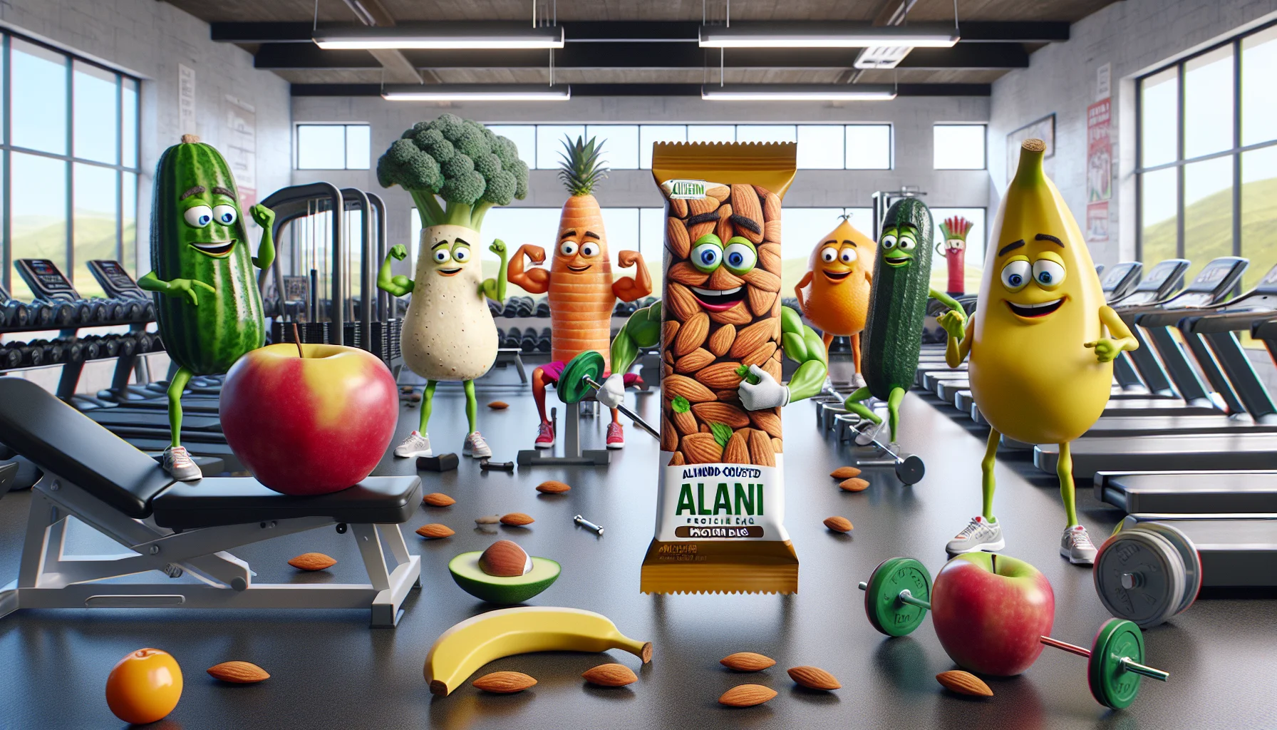 Visualize a humoristic scenario where almond-crusted Alani protein bars take the roles of gym instructors training various fruits and vegetables in a fitness center. The protein bars, with their funny animated expressions, are encouraging the fruits and veggies who are engaging in different sport activities such as weightlifting, treadmill, etc. The scene is meant to entice people towards the benefits of supplements in sports. Note that the fruits and the vegetables should have goofy faces and anthropomorphic limbs engaging in the activities, thus emphasizing the funny mood of the scene. The setting is a modern well-equipped gym with lots of natural light.