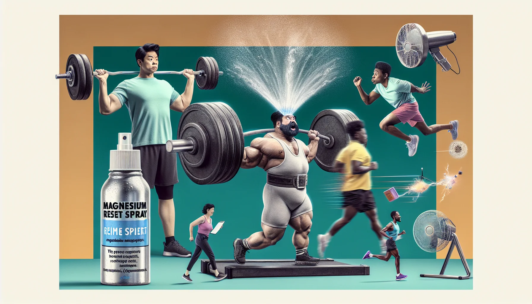 Imagine a humorous scenario taking place in a gym. A South-Asian male bodybuilder is mid deadlift, and his muscles are bulging impressively. However, on closer inspection, it's not sweat on his forehead but rather a miniature fountain of magnesium reset spray, symbolizing how he uses supplements to enhance his performance. On a nearby treadmill, a Black female runner is so fast, she's literally creating a wind tunnel, with funny flying objects around, like a fan, a hat, and a clipboard, caught in the air. From her water bottle, magnesium reset spray is seen gushing out like a geyser. This composition encapsulates the idea that supplements can provide an extra edge in sports.