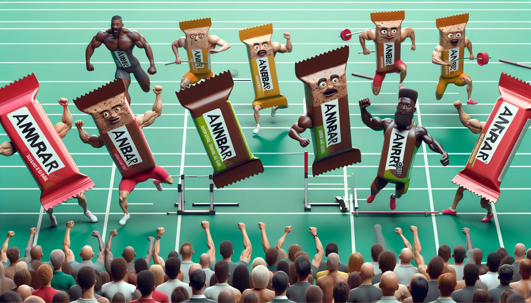Humorous and realistic image of an athletic event where the participants are not typical athletes, but anabar protein bars. They are depicted with cartoonish arms and legs, participating in various activities such as weightlifting, sprinting and long jump. Emphasize the surreal but fun atmosphere to highlight the idea of using supplements for sports. Make the surrounding crowd made up of diverse men and women, encompassing a variety of descents like African, Caucasian, Hispanic, Middle-Eastern and Asian, cheering enthusiastically.