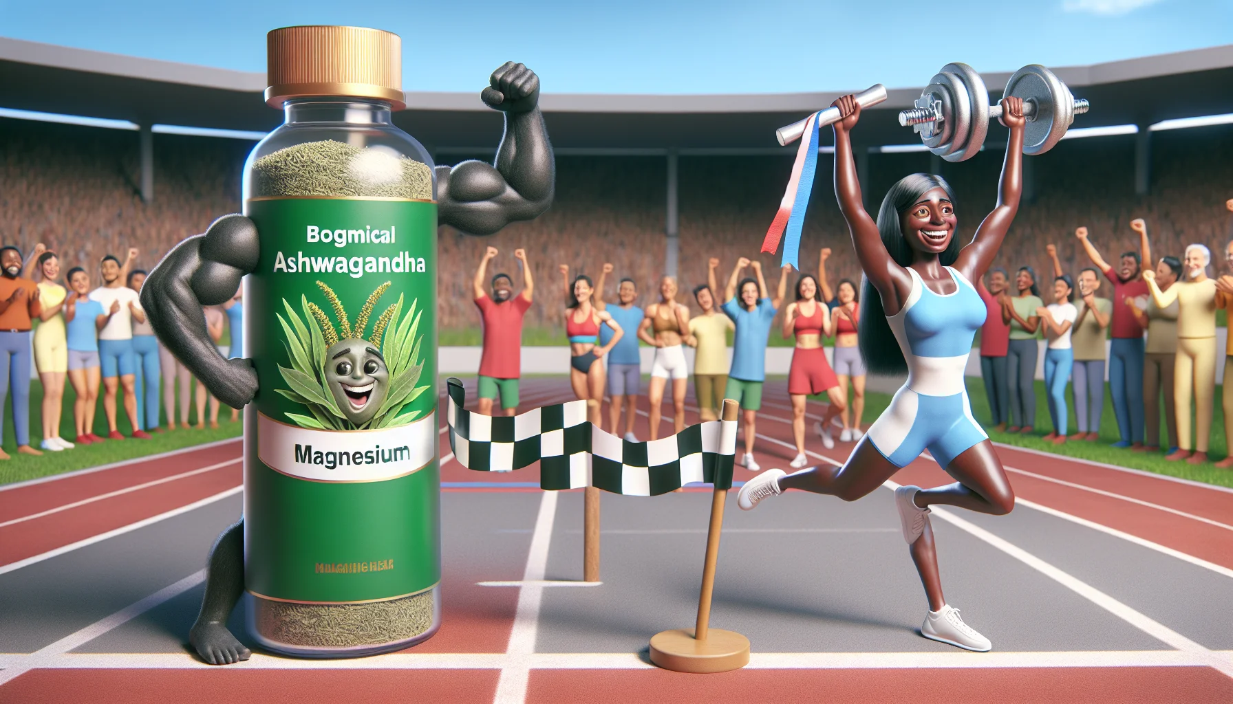 Create a humorous and appealing scene featuring the botanical Ashwagandha and Magnesium elements personified as two athletic figures. Ashwagandha, a Black male, is doing a victory dance while holding a finish line ribbon, showcasing a fit and healthy physique. Magnesium, a Hispanic female, is powerlifting a dumbbell effortlessly with a broad smile. The background is a sports ground with people of various descents cheering them. This image promotes the use of supplements for sports in a light-hearted way.