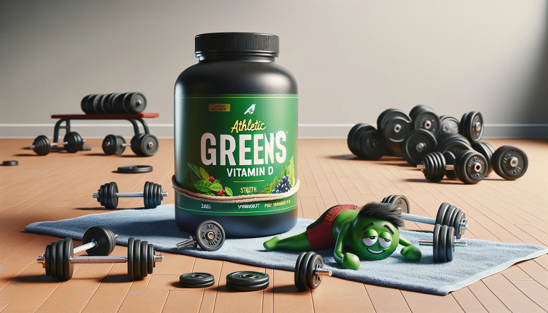 Create a detailed and photorealistic image of a bottle labeled 'Athletic Greens Vitamin D' involved in a humorous scenario. It's on a gym floor surrounded by tiny dumbbells and weight plates, as if it's just completed a strength workout. Nearby, there's another bottle labelled 'Pre-Workout', looking exhausted and sprawled out on a gym towel. This whimsical scene depicts the 'Athletic Greens Vitamin D' as a fit and energetic entity, thereby encouraging viewers to consider taking supplements for sports activities.
