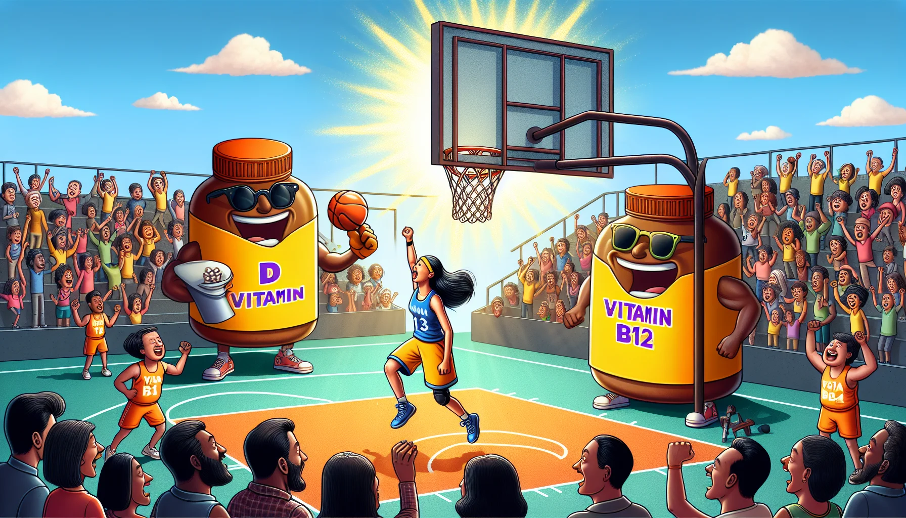 Illustrate a humorous yet informative scene to display the benefits of combining Vitamin D and B12 supplements for sports. Picture this: a sunny basketball court, a South Asian female basketball player effectively performing a slam dunk, her energy represented by a luminous light surrounding her. Beside the court, there's a giant bottle of Vitamin D, personified, wearing sunglasses and cheering with a foam finger. On the other side, there's a Vitamin B12 bottle, personified, holding a megaphone, encouraging the player. Surrounding the court, diverse spectators are in awe by her energy boost, some holding signs saying, 'Vitamin Power!'