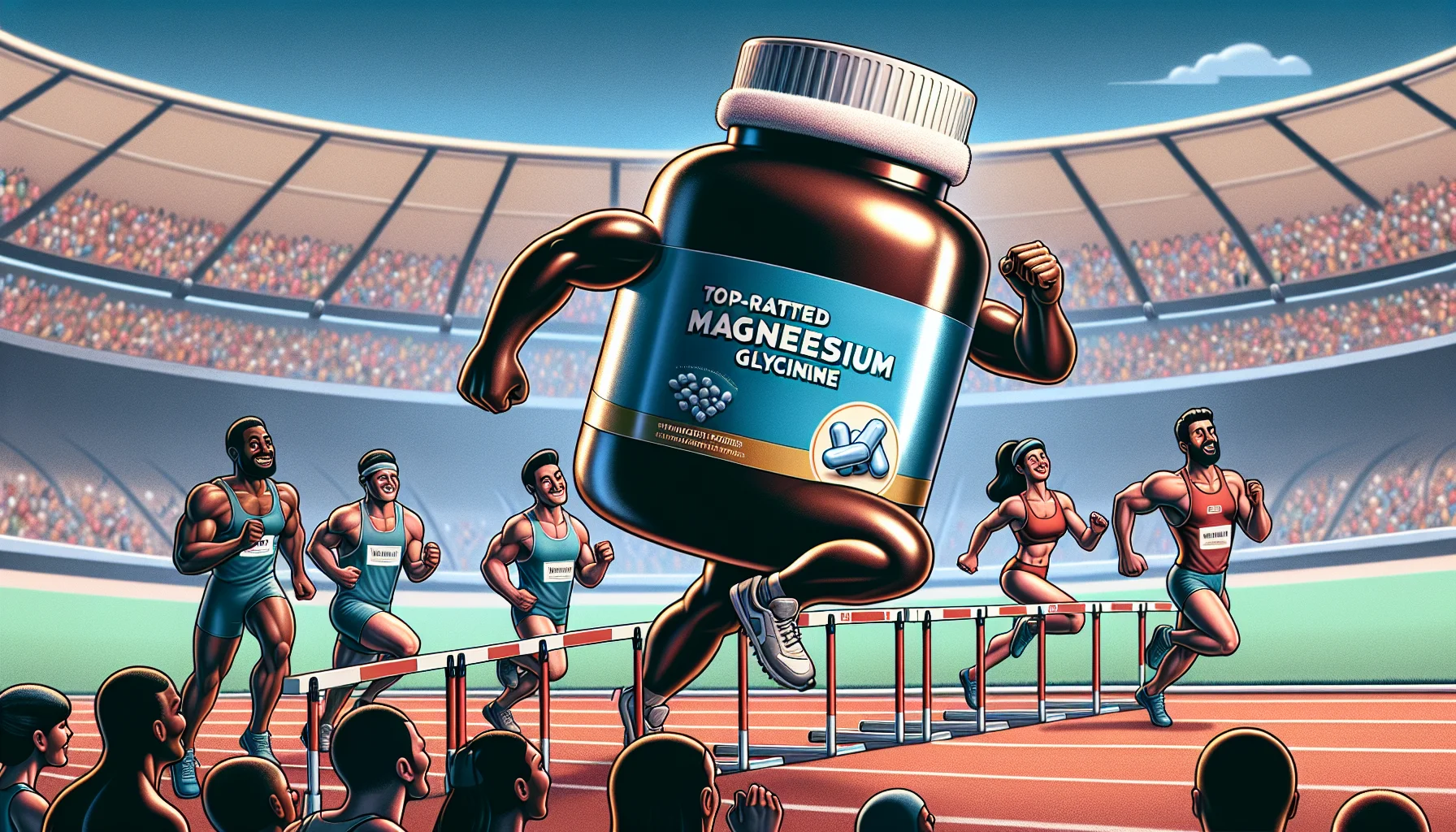 Create a whimsical scene where a large, glossy bottle labeled as 'Top-Rated Magnesium Glycinate' is participating in a track and field event. It's depicted wearing a sweatband around its 'cap' and running shoes on its base, clearing the hurdles with great ease alongside other supplement bottles trying to keep up. The cheering crowd in the backdrop is composed of athletes of different descents; Hispanic female sprinter, Caucasian male weightlifter, Middle-Eastern female gymnast, and a South Asian male swimmer, all watching in awe and surprise.
