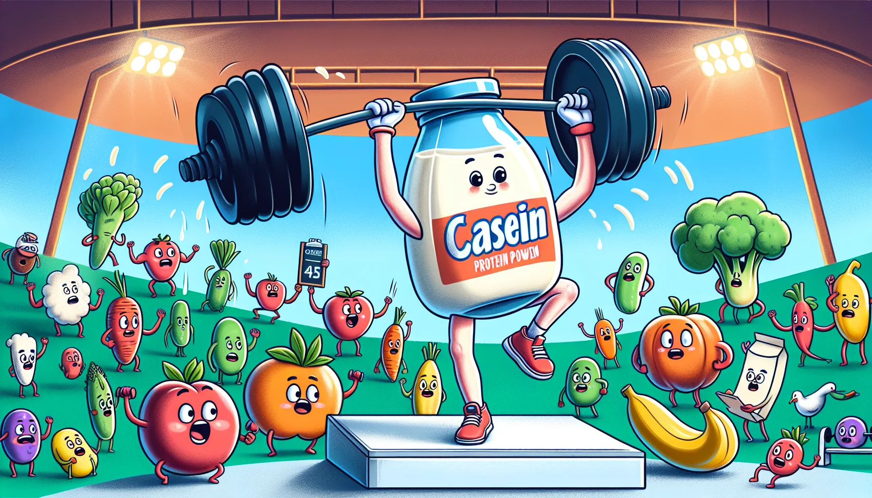 Illustrate a whimsical and captivating scene portraying the benefits of casein protein for athletes. Picture a large, comedic scoop of casein protein powder doing an impressive heavy barbell lift, surrounded by a crowd of fruit and vegetables animated with faces in awe. To the side, depict a milk bottle, a symbol of the protein source, acting as a coach, complete with a whistle and clipboard. The background should be a fun and creative interpretation of a sports gym, with additional elements such as dumbbells and a weight bench.