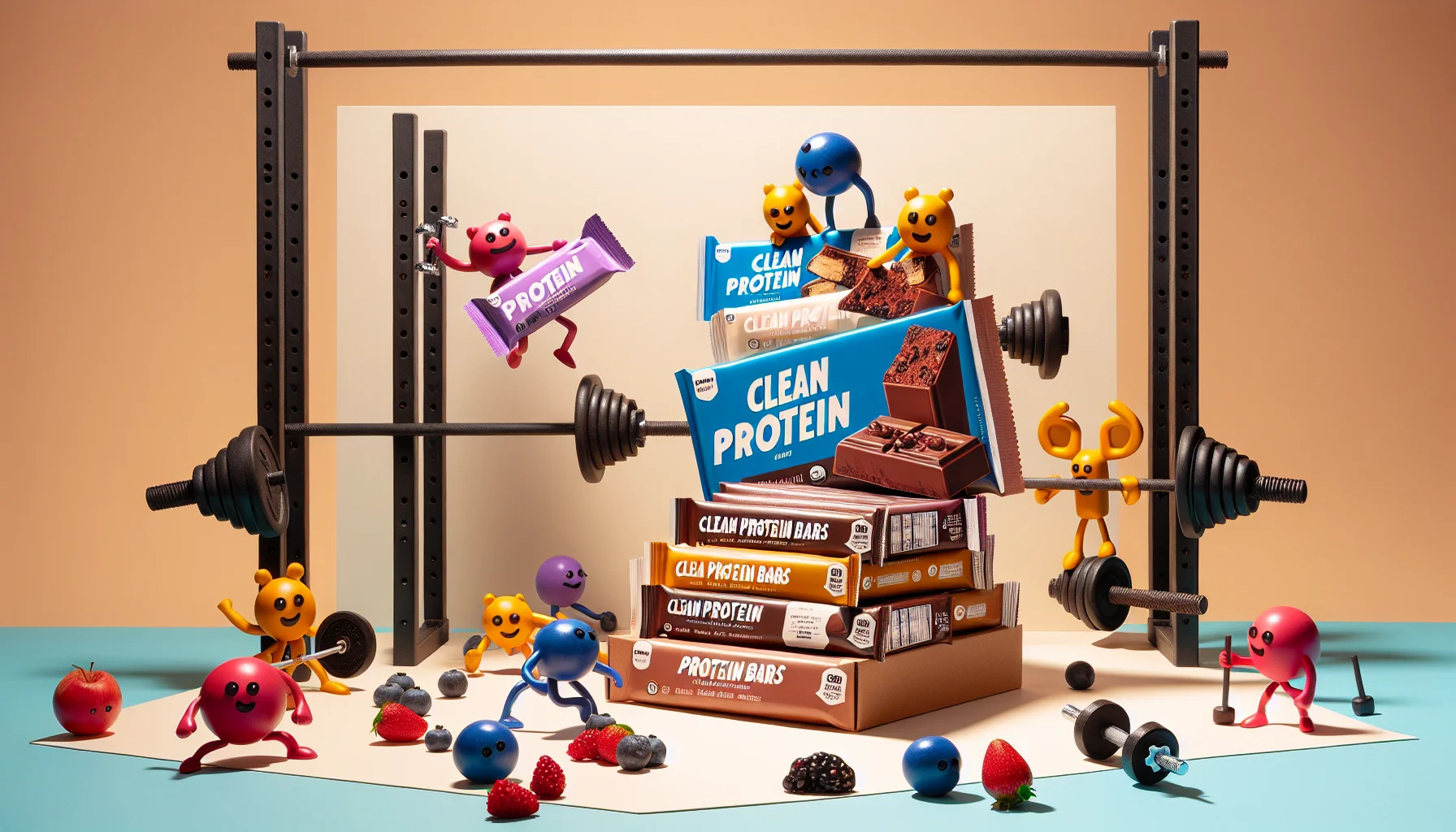 Create an image of a whimsical sports-themed scenario. In the center, present a display of clean protein bars, each of different flavors like chocolate, vanilla, and berries, looking appetizing and healthy. Their labels highlight the high-quality, organic ingredients for clean dieting. To evoke humor, create a scene where character-shaped weights of different sizes are eagerly trying to reach for these bars, with dumbbells 'rolling', kettlebells 'hoping', and weight plates 'sliding' towards them. The scene conveys the idea that even sports equipment can't resist these protein bars. Make sure the setting is vibrant, and the color palette is appetizing.