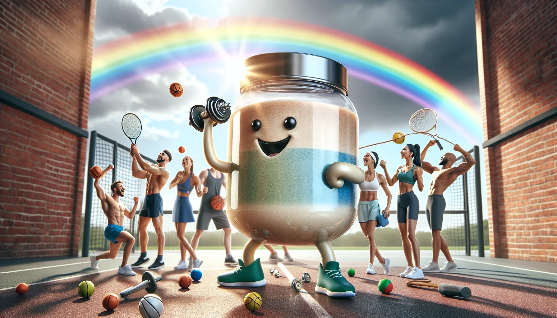 Create a detailed, realistic image of a clear whey protein jar engaged in an amusing scenario, in the style of an enticing advertisement. The protein jar basks in the sun alongside energetic people of diverse descents and genders, all sporting trendy athletic gear. They're all enjoy a day out participating in various sports like tennis, basketball, and weightlifting. The whey protein jar, with arms and a smile that's been humorously drawn, is lifting a tiny dumbbell. A dazzling rainbow arcs in the distance. This scene captures the fun ethos of using supplements for sports, suggesting viewers might also enjoy the benefits.