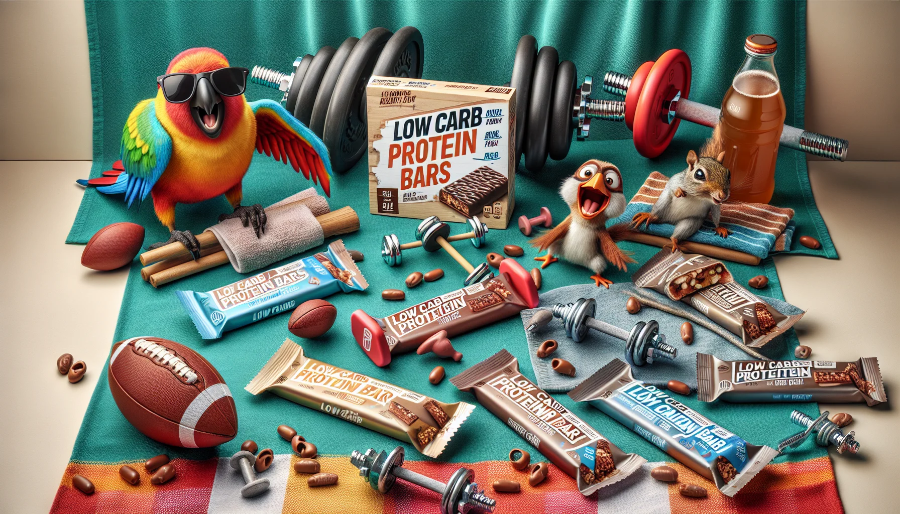 Create a hilariously enticing image showcasing a variety of low carb protein bars. They are laid out on a colorful picnic blanket with clearly visible nutritional information. Various athletic equipment such as weights, a football, and running shoes are scattered around. Nearby, a comical parrot with sunglasses is trying to lift a small dumbbell, while a laughing squirrel attempts to open a protein bar with its tiny paws. Both of these characters symbolize the humor and charm of engaging in sports activities while supplementing with low-carb protein bars.