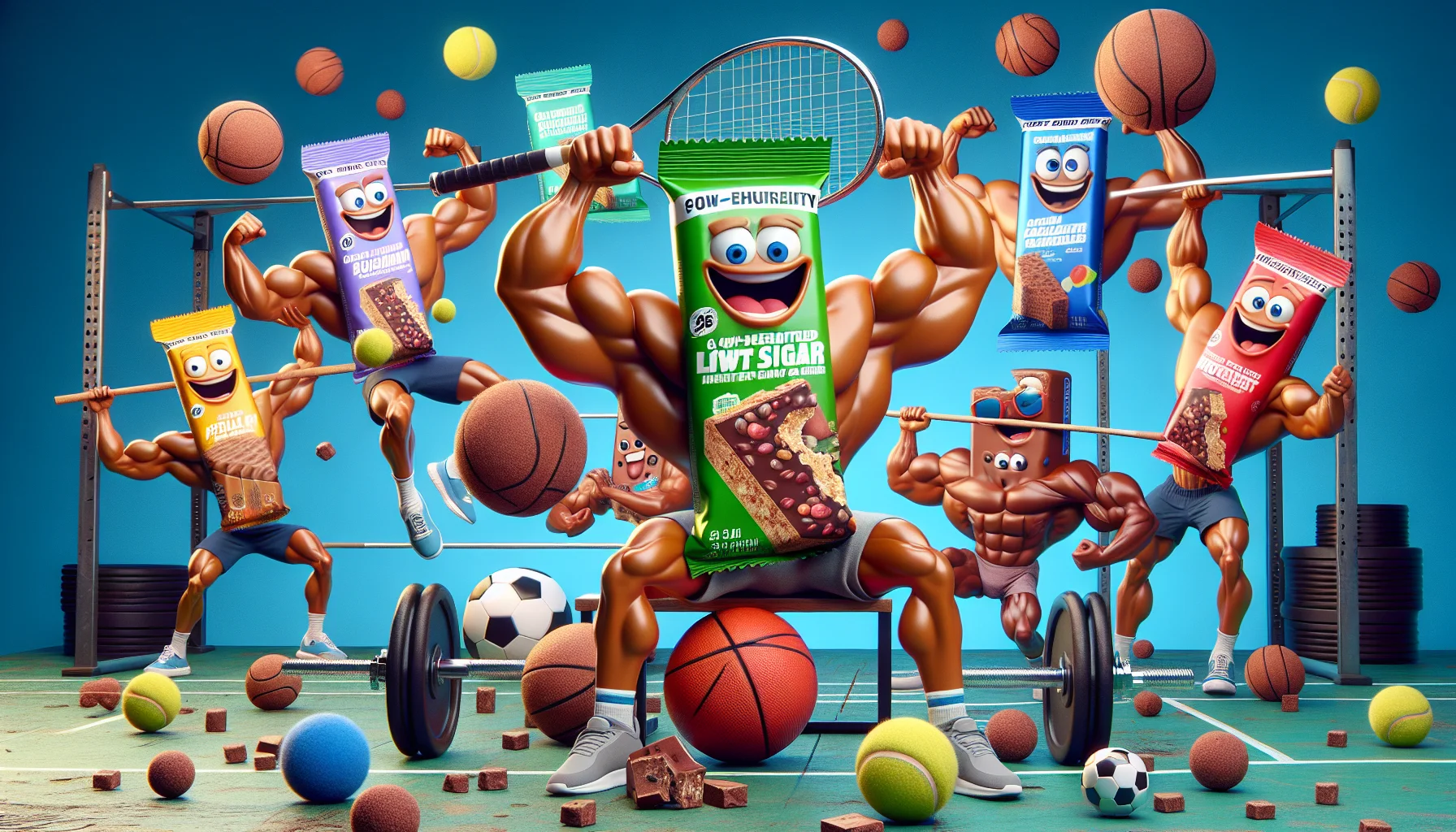 Generate a creatively humorous and hyper-realistic image that features an assortment of top-rated low-sugar protein bars. The bars are set against an amusing backdrop that revolutionizes the way we see sports supplements. Picture this: A group of animated protein bars, each displaying excited facial expressions and flexing arms in a show of muscular strength. They are engaged in various sporting activities such as tennis, soccer, and weight-lifting. The atmosphere is fun and playful, with an engaging display of vibrant colors, aiming to captivate the viewer and highlight the beneficial potential of using these bars as sports supplements.