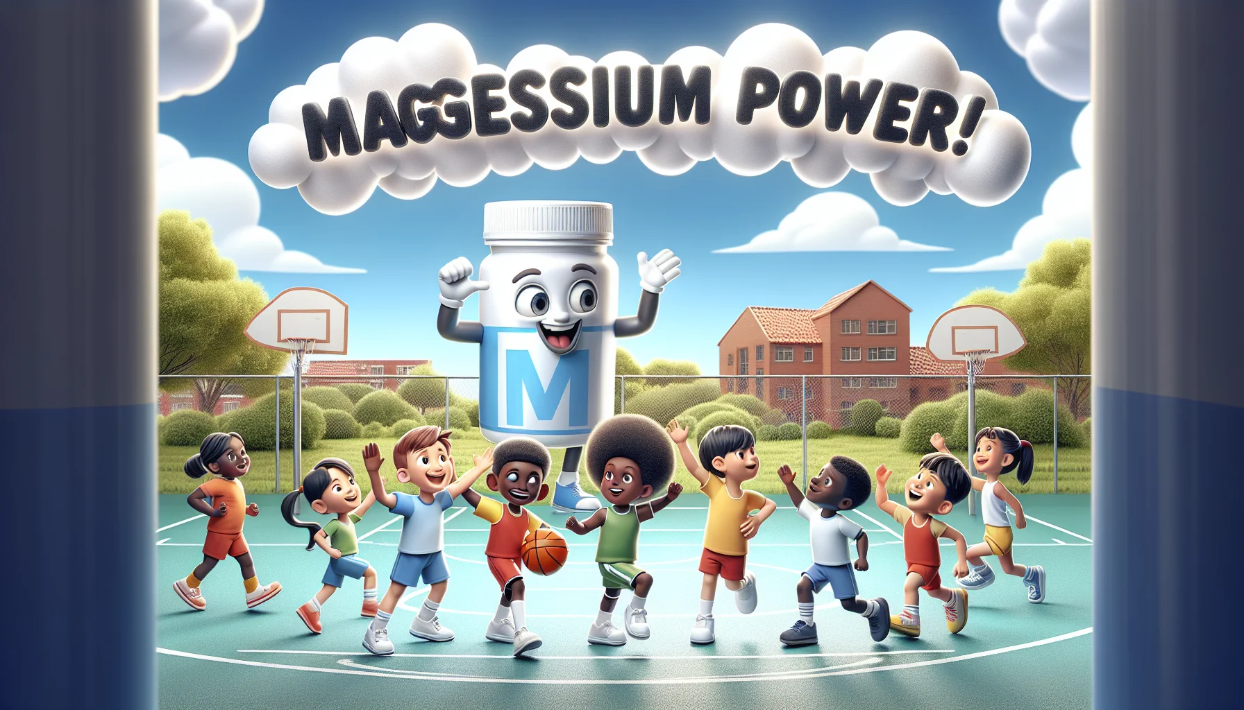 Generate a vivid and entertaining image depicting a scenario where kids are benefitting from magnesium supplements for their sports activities. The scene unfolds on a bright, sunny day with kids of different descents, such as Caucasian, Black, Hispanic, Middle-Eastern, and South Asian, all engaged in a variety of sports such as basketball, soccer, and tennis. The magnesium supplements assumed a funny, animated character, high-fiving the kids and cheering them on. The clouds subtly formed a wording 'Magnesium Power!' adding an inviting tone to the scene, depicting the importance and benefits of magnesium in kids' sports performance.