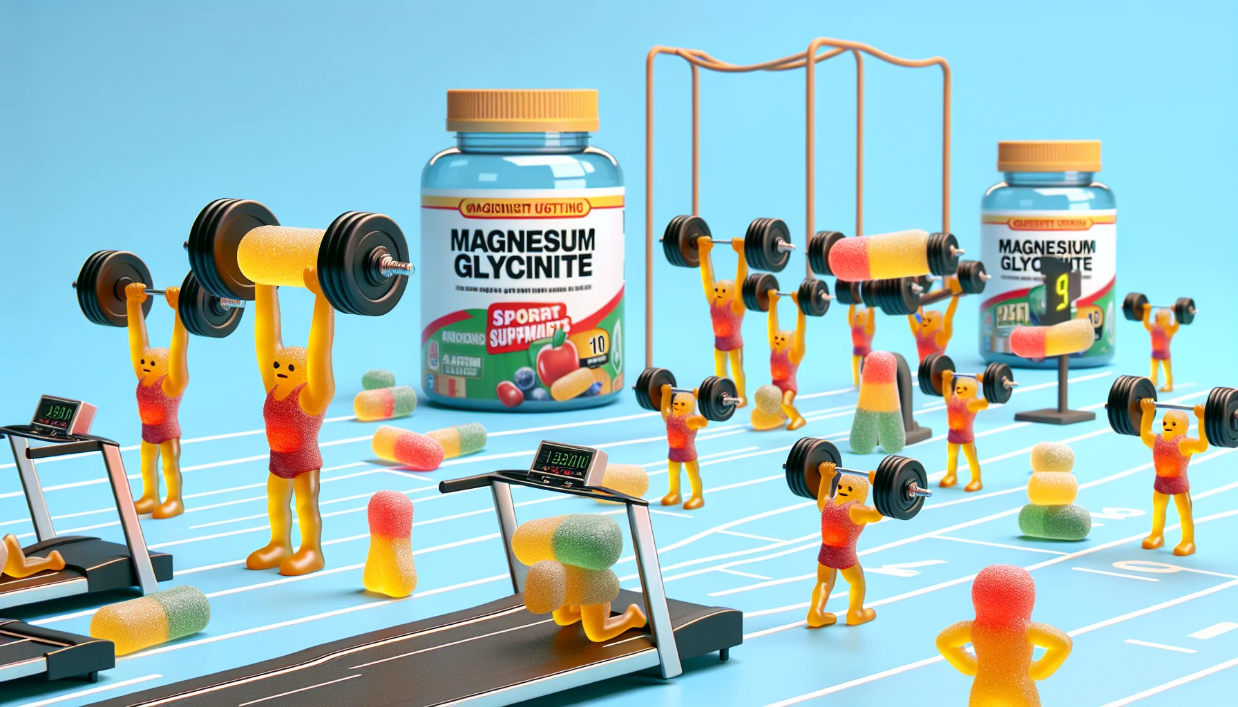 Create a realistic and humorous image of magnesium glycinate gummies resembling small, comical weights, all set in a sports scenario. They are lifting each other, pretending to be athletes, to signify their use as sport supplements. Include details that suggest a lighthearted atmosphere, like gummy spectators standing by a 'Finish Line' banner and some gummies attempting to run on a treadmill. The colors should be bright and playful to signify the enticing gummy nature of these supplements.