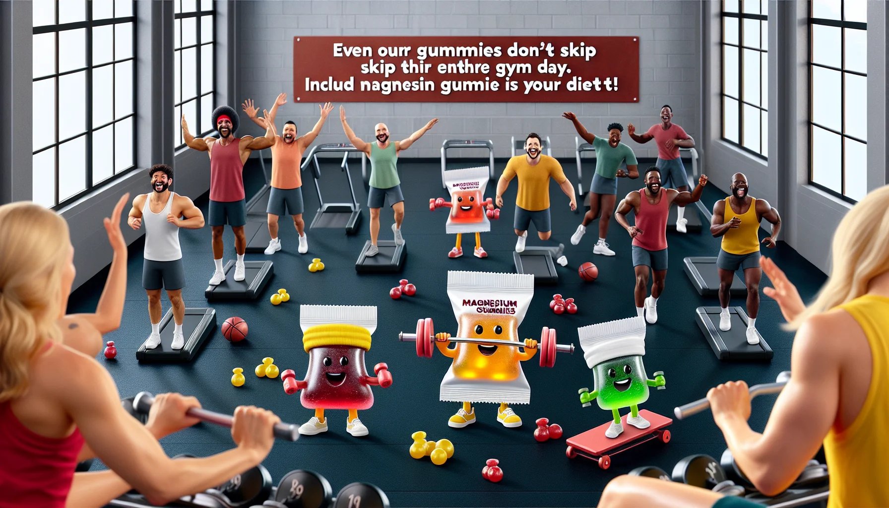 Generate a realistic image of an amusing scene set in a gym. At the center, place a couple of magnesium gummies, personified, diligently working out. The gummies have bright smiles and are possibly lifting tiny weights or running on mini treadmills. Athletes of different genders and descents such as Caucasian, Hispanic, and Middle-Eastern are laughing and pointing towards the exercising gummies, surprised and amused at their dedication to fitness. At the top of the image, text reads, 'Even our gummies don't skip the gym day. Include magnesium gummies in your diet!'