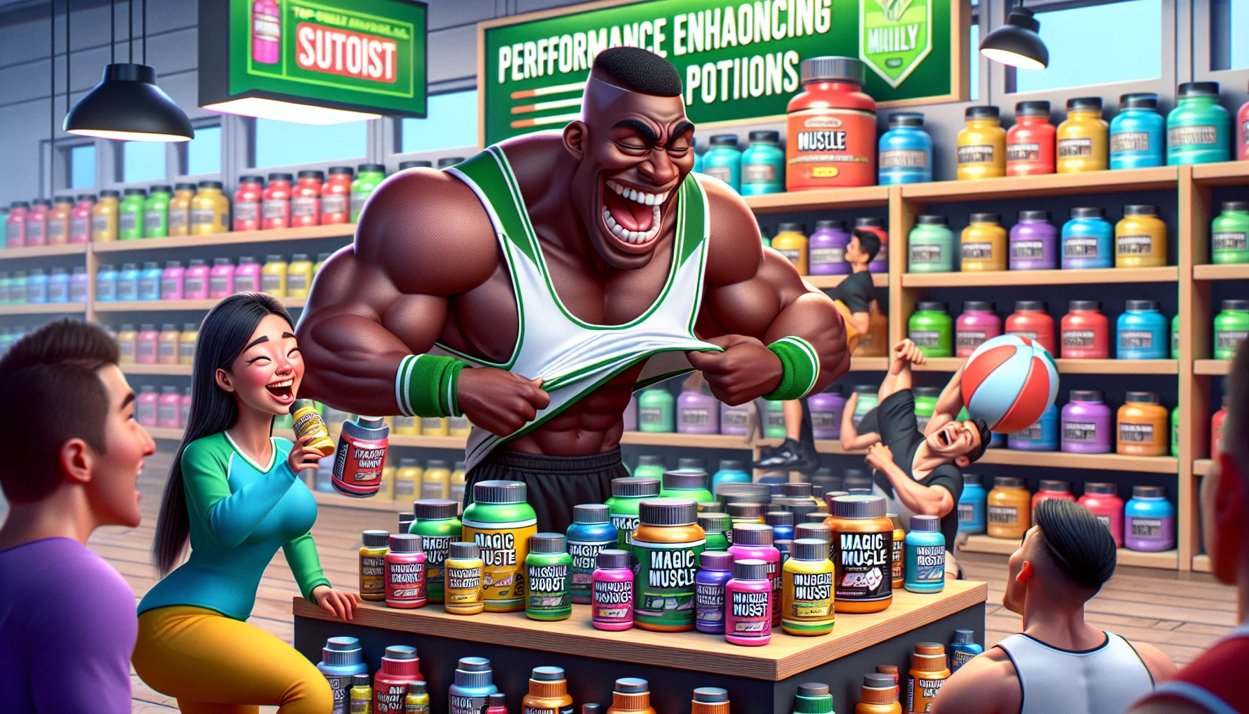 An amusing and realistic scenario featuring a display of top-quality supplements designed for athletes. A Hispanic male soccer player with a comically muscular build tries to fit into his too-small jersey, while an Asian female basketball player laughs, holding a bottle labelled 'Magic Muscle Boost'. In the foreground, a Black male weight-lifter struggles to lift a dumbbell shaped like a giant vitamin pill. In the background, there's a stand filled with colorful supplement bottles, labelled for various sports, with a brightly-lit sign reading 'Performance Enhancing Potions'. No brands should be evident.