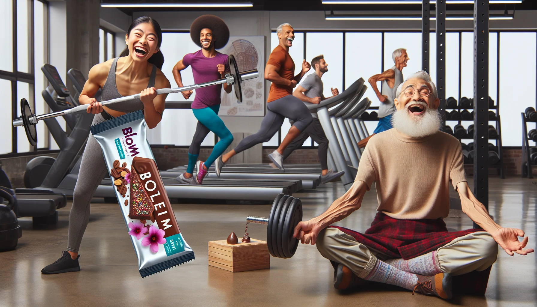 Create a lively and comedic image centered around Bloom Protein Bars. Picture this: A gym setting with diverse individuals of different descents and genders engaged in various fitness activities. One person, a South Asian female powerlifter, is lifting a gigantic Bloom Protein Bar as if it's a barbell, grinning broadly. A Hispanic male marathon runner is nearby, sprinting on a treadmill while comically chomping on the protein bar. An elderly Caucasian man in yoga attire is seated, laughing wholeheartedly, as he balances a Bloom Protein Bar on his head during a meditation pose. The environment should be reflective of an active and healthy lifestyle, subtly promoting the use of supplements for sports.