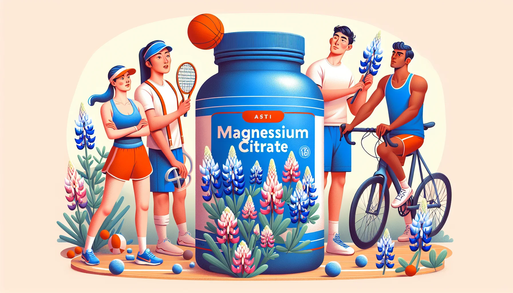 Design a fun and engaging image featuring a bottle of magnesium citrate supplement painted with lively bluebonnet flowers. In this scenario, various athletes from different sports disciplines are admiring it. Show a Caucasian female tennis player with her racket in hand looking intrigued, and an Asian male basketball player bouncing a ball while examining the product. Finally, let's have a Middle-Eastern male cyclist standing with his bike, peering at the bottle with fascination. Remember to set a vibrant and lighthearted atmosphere to emphasize the fun aspect of sports supplement use.
