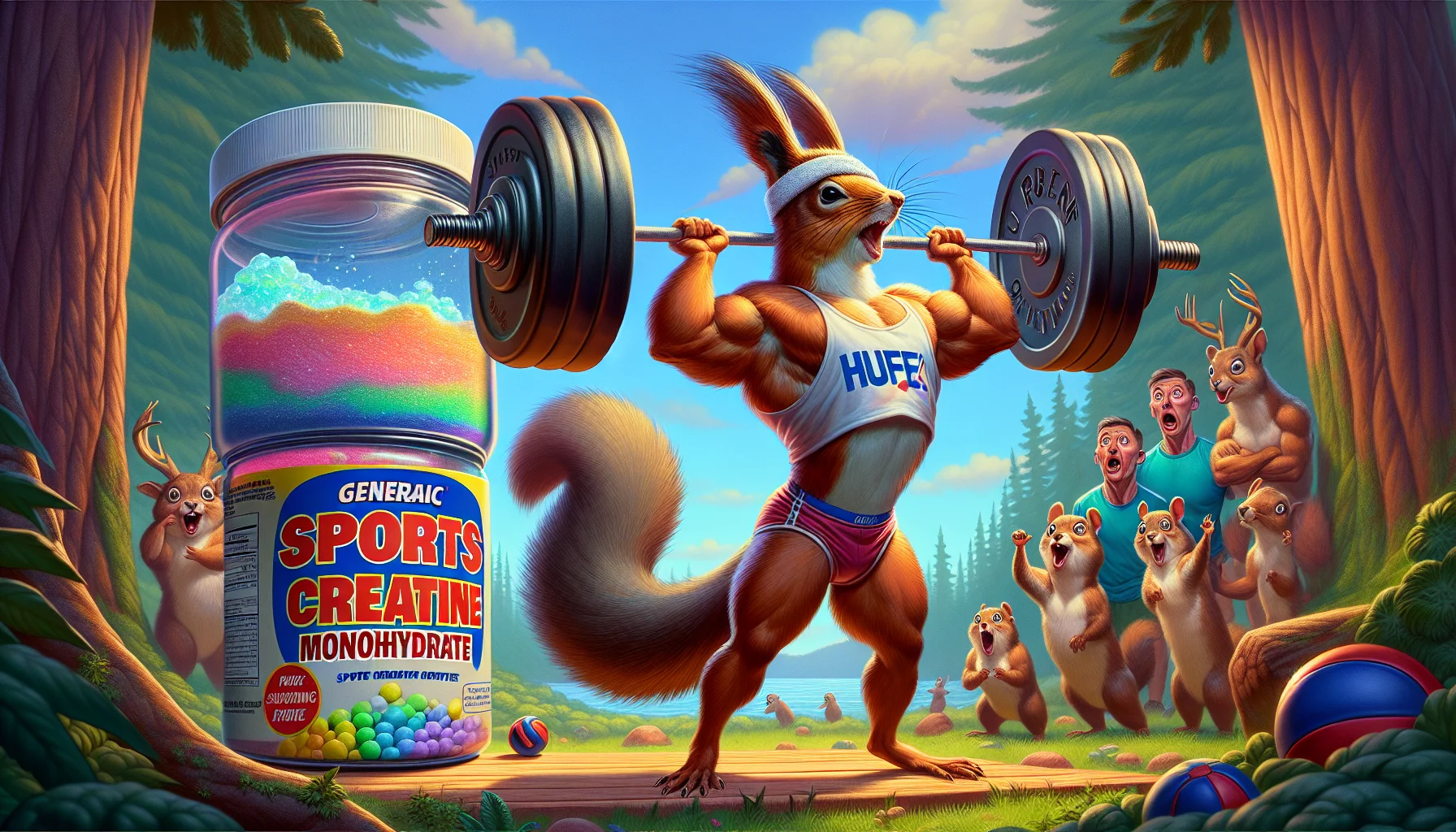 Imagine a creatively humorous scenario promoting the use of generic sports supplements. In the foreground, there's a jam jar filled with a crystalline substance labeled as 'Sports Creatine Monohydrate.' On the side, an overly muscular cartoon squirrel with a sweatband is lifting weights with incredible ease. Behind, a group of surprised woodland creatures are watching the spectacle, their mouths open in astonishment. The background consists of vibrant forest scenery. The illustrative style is hyper-realistic with sharp details and vivid colors. This whole scene is meant to encourage the use of supplements in sports.