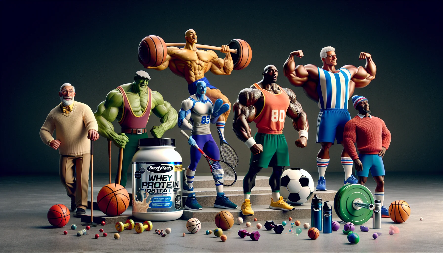 Illustrate an amusing scene where a group of anthropomorphic sports equipment, such as a basketball with muscular arms, a baseball bat with flexed biceps, and a soccer ball with robust legs, are showcasing their strength gained from Bodytech Whey Protein Isolate. Their toned physique draws the attention of amazed human sports enthusiasts - a young Hispanic woman in her jogging outfit, an elderly Caucasian man dressed for a game of tennis, a Black bodybuilder in his gym attire, and a Middle-Eastern skateboarder. The products, prominently displayed, promise the same results for their human counterparts, adding a humorous incentive to include supplements in their routines.