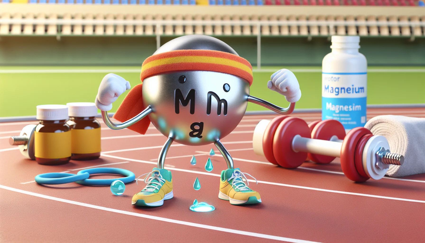 Create a visual representation of the Bohr model for Magnesium, humorously portrayed with a brightly colored headband and sneakers, as if it's getting ready to run a marathon. The model character is poised on a track, with little sweat droplets nearby. It's flexing its electron arms, radiating a sort of cheerful bravado. In the background, place a bottle of mineral supplements alongside sports equipment such as dumbbells and a skipping rope. The environment should be light-hearted and encouraging, aiming to promote the concept of using mineral supplements for sports.