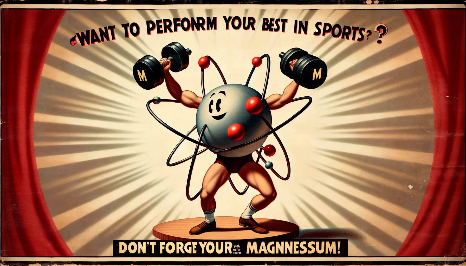 Create a realistic depiction of the Bohr model of a Magnesium atom, complete with 12 protons, 12 neutrons, and 12 electrons in their respective energy levels. For a humorous twist, style this image as though it's a classic 1900's advertisement poster. The Bohr model atom is lifting cartoonish dumbbells with its electrons, and the banner reads: 'Want to perform your best in sports? Don't forget your Magnesium!'. Fill the background with subtle light rays to give it an uplifting, energetic vibe.