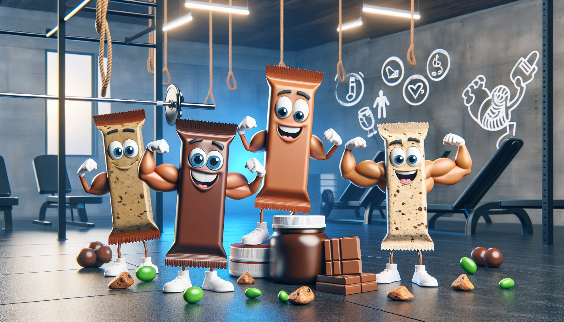 Image of a comedic scene featuring anthropomorphized protein bars in a gym setting. These protein bars have animated features with expressive faces, flexing their 'muscles', portraying they're actively engaging in physical exercise. The bars are of different shapes and sizes, representative of the diversity in flavors. Nearby are symbols or visuals hinting at the benefits of sports supplements - like energy sparks, strength icons, and health symbols. The environment should elicit a friendly and inviting atmosphere while simultaneously encouraging viewers towards fitness and the use of supplements.