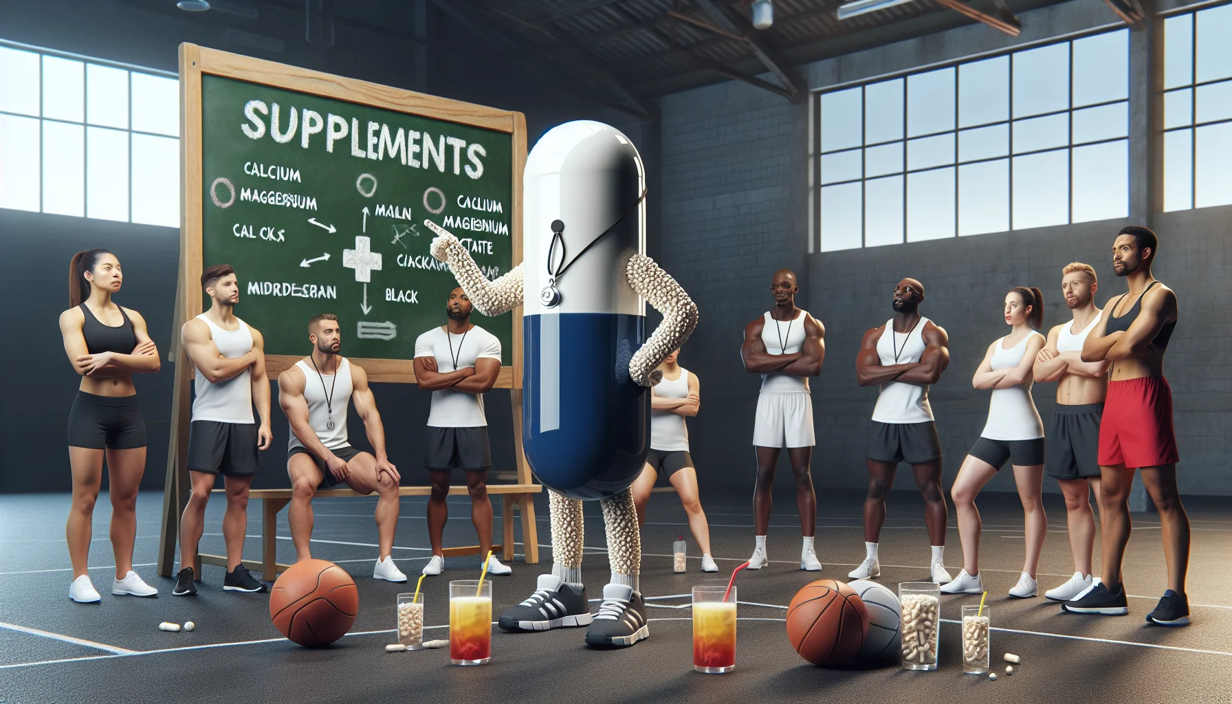 Create a humorous and realistic image depicting a sports scene where a calcium magnesium acetate capsule is portrayed as a sports coach. The coaching capsule stands on a gym floor with a whistle around its neck, chalkboard behind it displaying health benefits. The capsule talks to a diverse group of athletes, both male and female of different descents like Caucasian, Hispanic, Black, Middle-Eastern, and South Asian, educating them about the importance of supplements. Athletes listen attentively with drinks in their hands that visibly contain dissolved supplements. Make sure the scene radiates positive encouragement for taking supplements in sports.