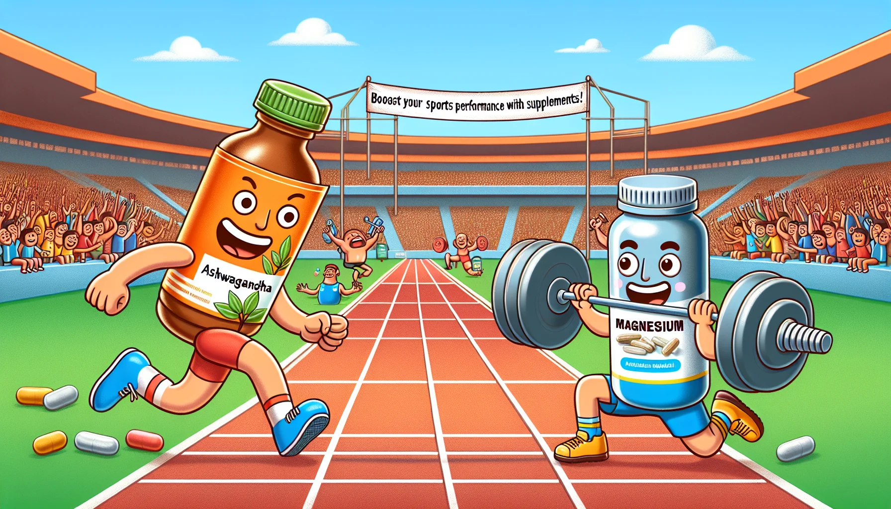 Create a humorous scene showcasing a friendly competition between two characters - a bottle of Ashwagandha and a bottle of Magnesium. They are in an athletics track, with spectators cheering them on. Make the Ashwagandha bottle as a sprinter, ready to dash off the starting line, and the Magnesium bottle as a weightlifter, lifting an impressive dumbbell. Include a banner in the background that says 'Boost Your Sports Performance with Supplements!' The style should be upbeat, lively and colorful, capturing the exciting sporty atmosphere.