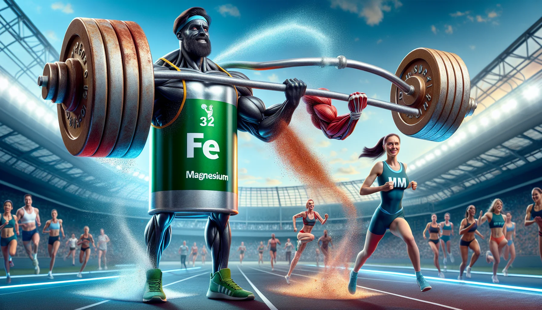 Generate an amusing, realistic image that showcases the combination of iron and magnesium supplements in a sports-related context. Specifically, envision two anthropomorphized characters, one embodying Iron and the other Magnesium. Iron, a Black muscular male, is lifting a gigantic barbell with ease, while Magnesium, a Caucasian agile female, is easily outpacing runners on a track. Both are wearing sports gear and their respective symbols 'Fe' for Iron and 'Mg' for Magnesium are emblazoned on their outfits. The vibrant atmosphere clearly communicates the benefit of these supplements for athletic performance.