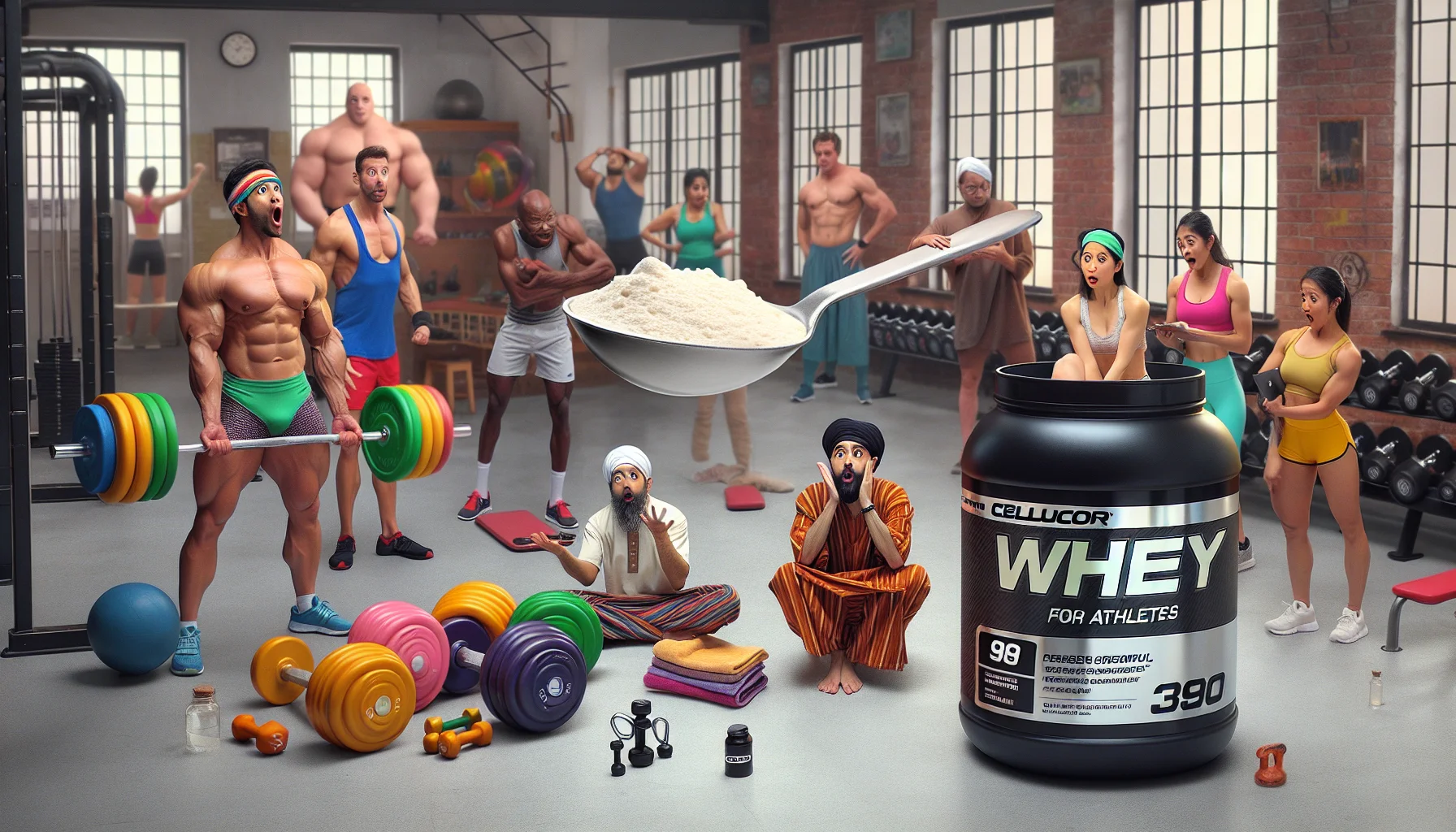 Imagine a humorous scene centered around Cellucor whey protein for athletes. Visualize a sports setting, perhaps a gym with various workout equipment. In the foreground, place a container of Cellucor whey with a comically oversized scoop. Nearby, some colourful workout gear is scattered, as if hastily discarded. Perhaps a barbell precariously placed on top of a stack of dumbbells. In the background, a diverse group of people - a Caucasian male weightlifter, a Hispanic female yoga practitioner, a Middle-Eastern male gymnast and an eager South Asian female who looks like she's just started her fitness journey - all look astounded, their wide-eyed expressions directed at the gigantic scoop of protein.