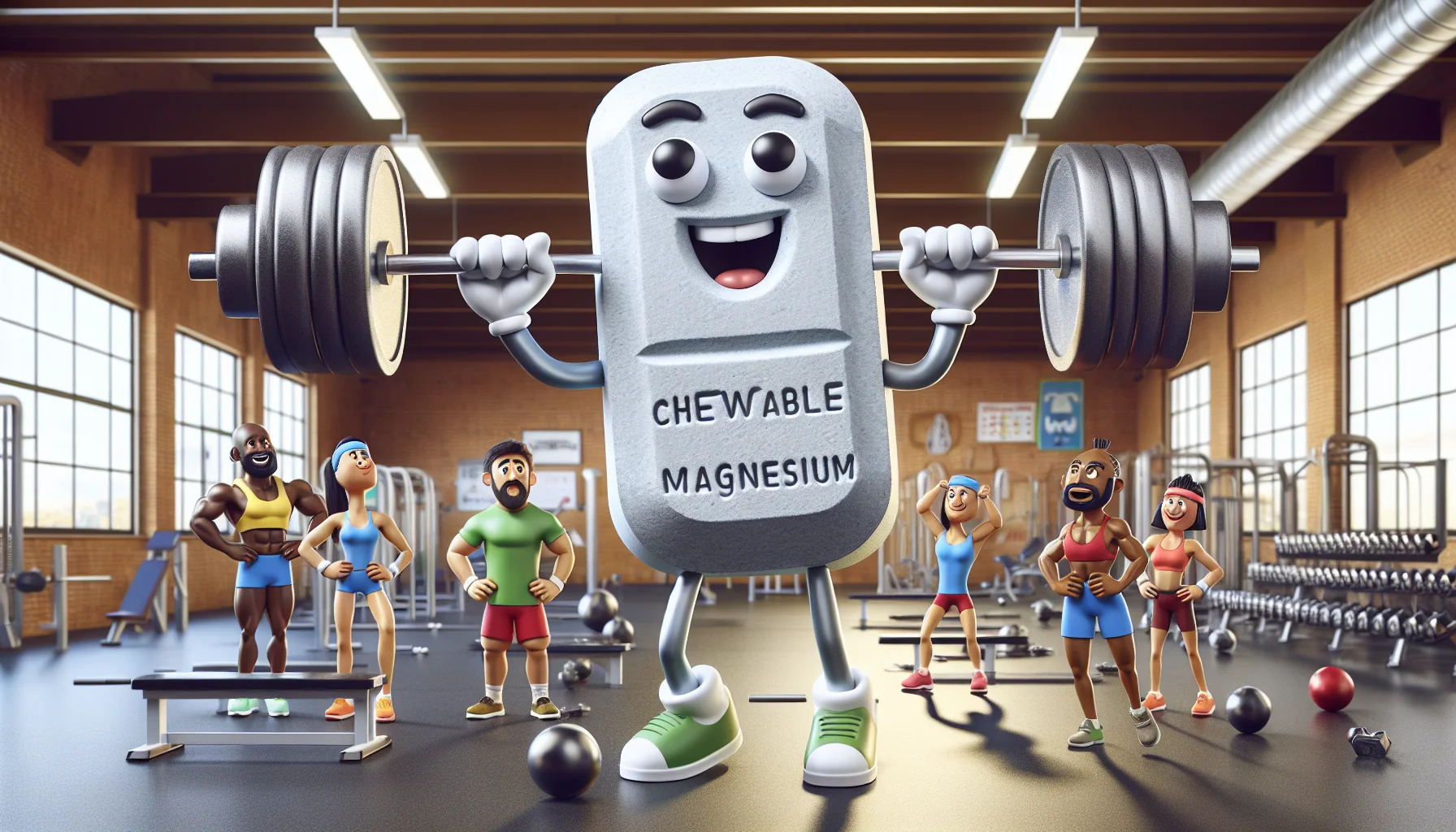 Imagine a humorous depiction of a gym scenario. In the center, there's a large chewable magnesium tablet with cartoonish arms and legs. It is energetically lifting a barbell, showcasing strength and vigor, embodying the benefits of magnesium supplements for sports fitness. The backdrop is a typical gym with various sports equipment and spaces for workout. There are amused faces of a diverse group of fitness enthusiasts belonging to different descents such as Asian, African, Hispanic, and Caucasian, both male and female, who are watching the tablet in action and looking motivated.