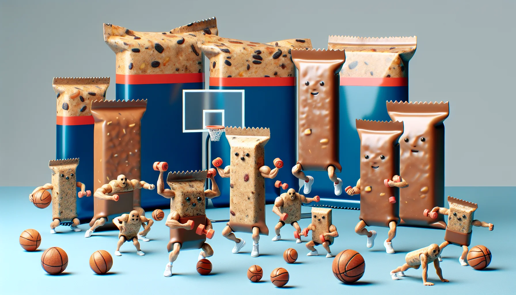 Generate a humorously engaging image that presents a collection of protein bars with a realistic texture. The protein bars appear to be participating in a variety of sports activities. A couple of protein bars are forming a basketball team, some are engaged in a running race, others are practicing yoga poses, while a few are trying to lift mini dumbbells. The protein bars should appear lively and animated, keen on demonstrating their connection with sports and fitness. Background can comprise of a faux sports field or gym environment to further enhance the sports association.