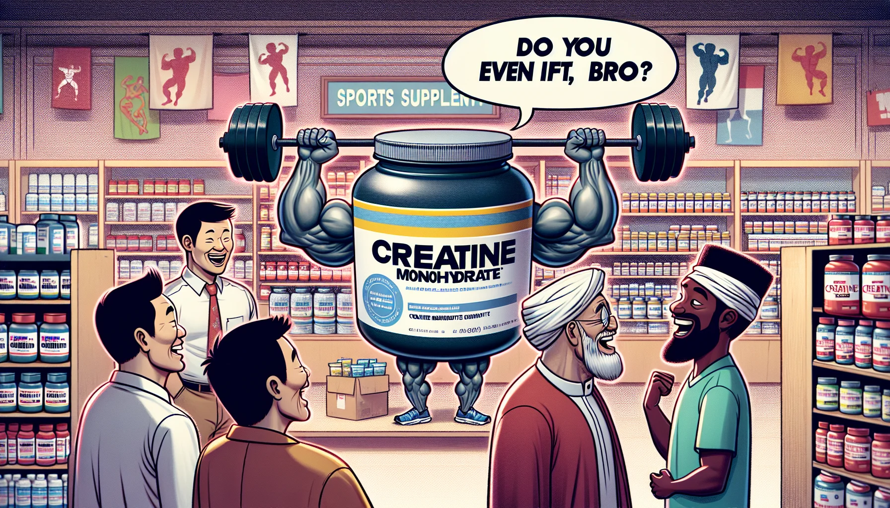 Let's envision a humorous scene taking place in a generic sports supplement store. The central focus is a jumbo-sized tub of Creatine Monohydrate. Adapted cartoon-style muscular arms and legs are hilariously bursting from either side of the container, as it poses a weightlifting dumbbell. A laughter-provoking dialogue bubble coming from the container says, 'Do you even lift, bro?'. A variety of multicultural customers (an Asian female bodybuilder, a Hispanic male athlete, a Middle-Eastern elderly gentleman, a Black teenage female athlete) are depicted reacting with laughter and surprise. The scene subtly communicates the benefits of supplements for sports enthusiasts.
