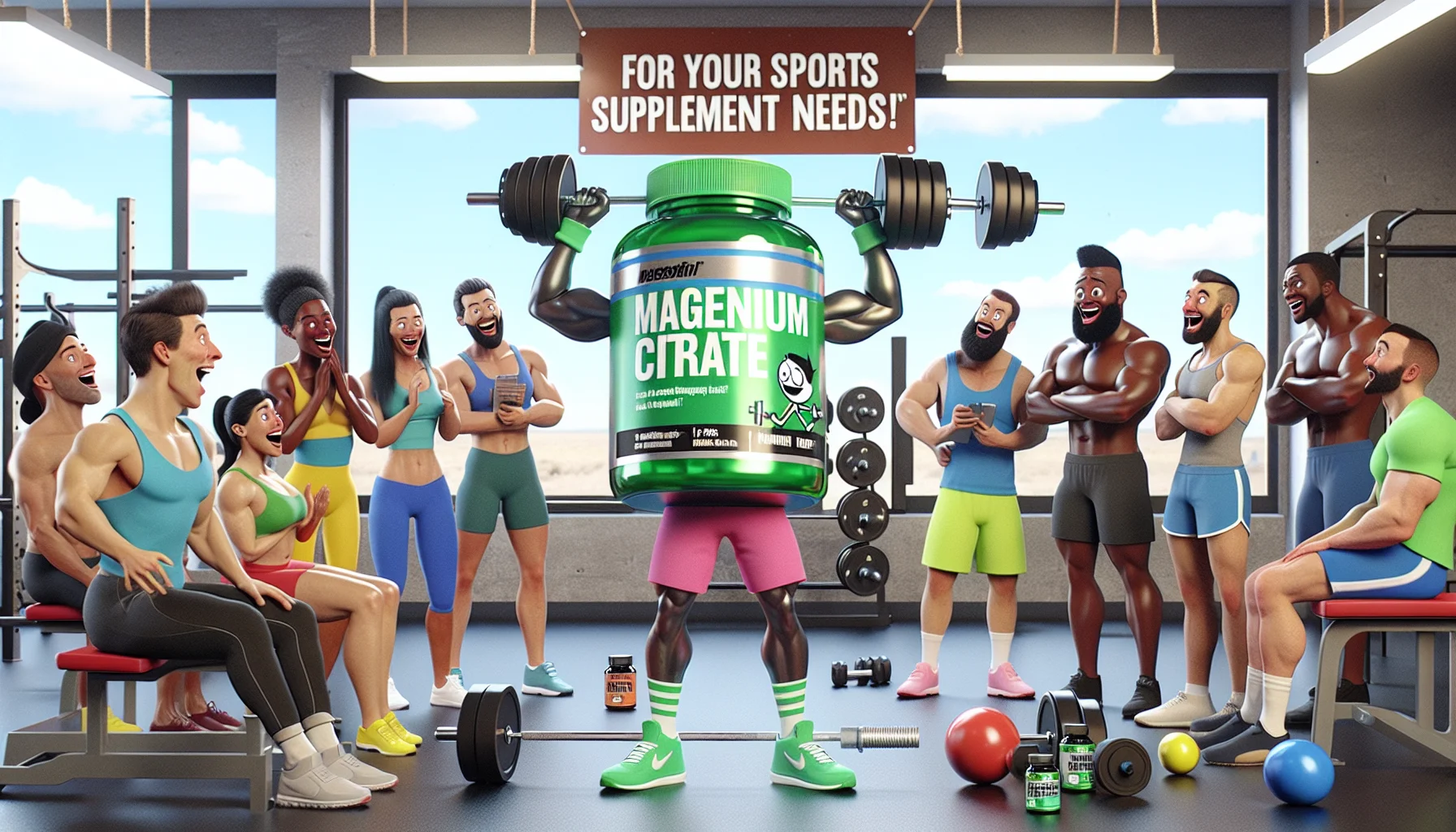 Imagine an engaging and humorous scene intended to pique interest in sports supplements. Picture a product labeled 'Magnesium Citrate' hilariously engaged in a gym setting. The bottle, personified, is in neon green workout clothes lifting barbells. Several other supplement bottles are observing, their labels express shock and admiration. Around, human gym-goers of different descents and genders–a Caucasian man, a Black woman, a Hispanic man and a Middle-Eastern woman–look on with smiles and laughter, inspired by the 'fit' Magnesium Citrate bottle. The background prominently displays a banner saying, 'For Your Sports Supplement Needs'.