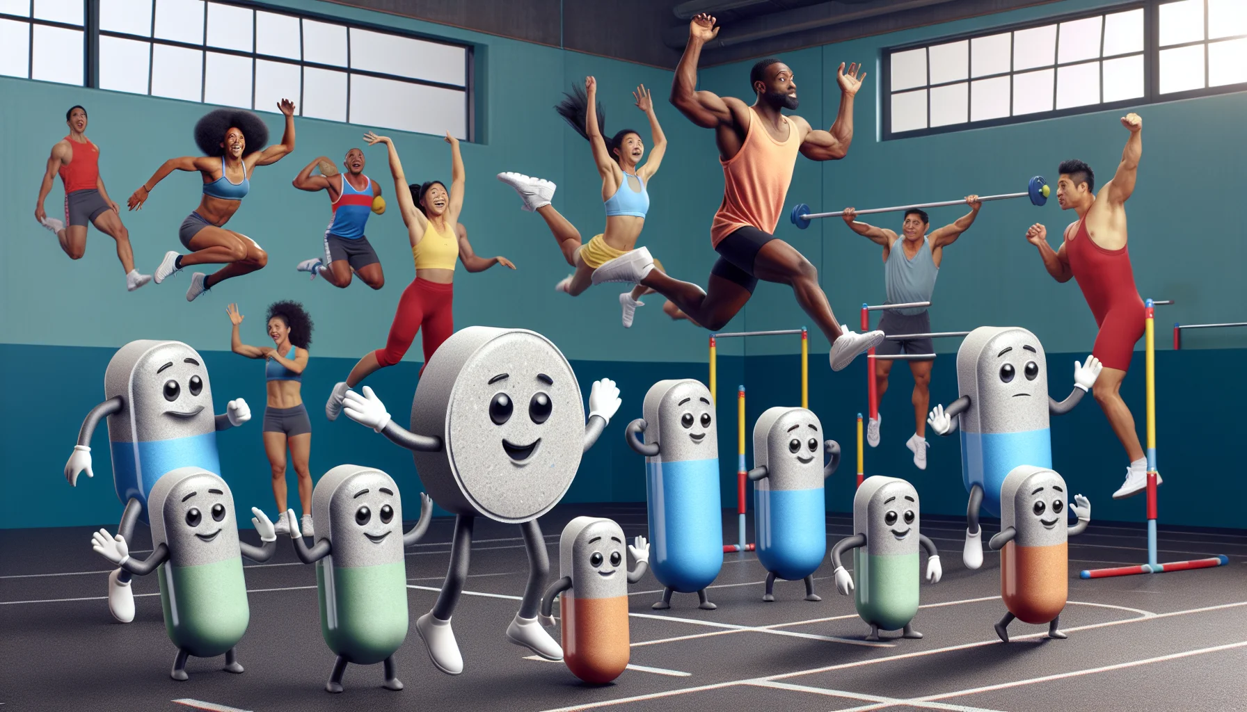 Create a humorous and enticing scene that encourages the use of supplemental magnesium for sports, using no specific brand. Imagine a colourful and quirky gym setting. In the foreground, anthropomorphized magnesium pills, shaped like small pellets and brightly coloured, cartwheel and high jump with faces full of enthusiasm. They're not just participating, but sailing through the sports activities with ease, perhaps even out-performing some of the human gym-goers. Also present are a diverse range of amused human athletes, watching these magnesium supplement characters in awe. The male South Asian weightlifter and the female black sprinter, among others, share surprised yet inspired expressions.