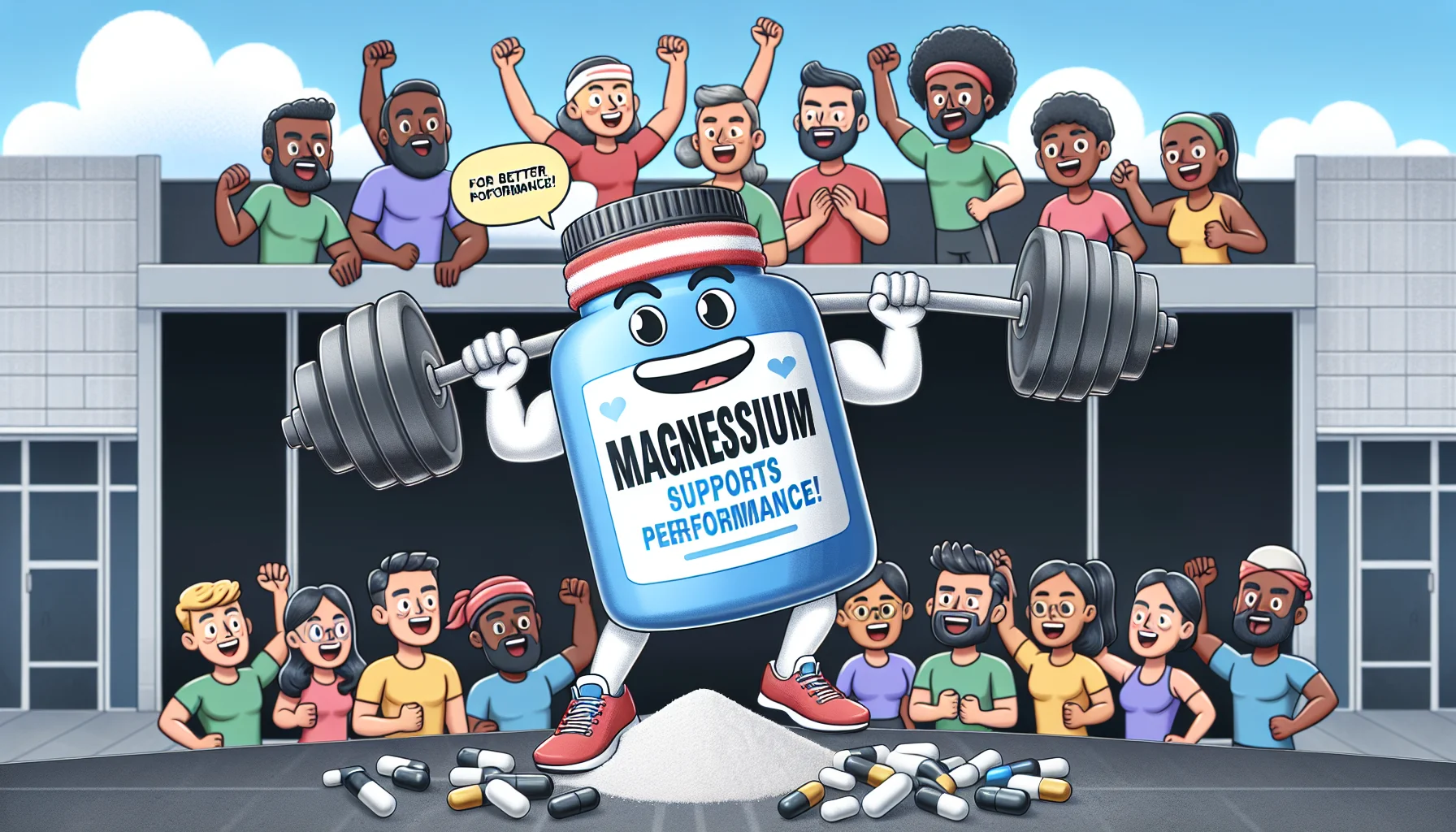 Produce a vivid and humorous image of a scene involving a bottle of magnesium supplements from a generic health store. The bottle is anthropomorphized, wearing a sweatband and running shoes, and successfully lifting weights at a gym. It is surrounded by a diverse group of cheering individuals of mixed genders and descents, including Caucasian, Hispanic, Black, Middle-Eastern, and South Asian. A speech bubble coming out of the animated supplement bottle reads 'For better sports performance!' This image aims to humorously emphasize using magnesium supplements for enhancing sports activities.