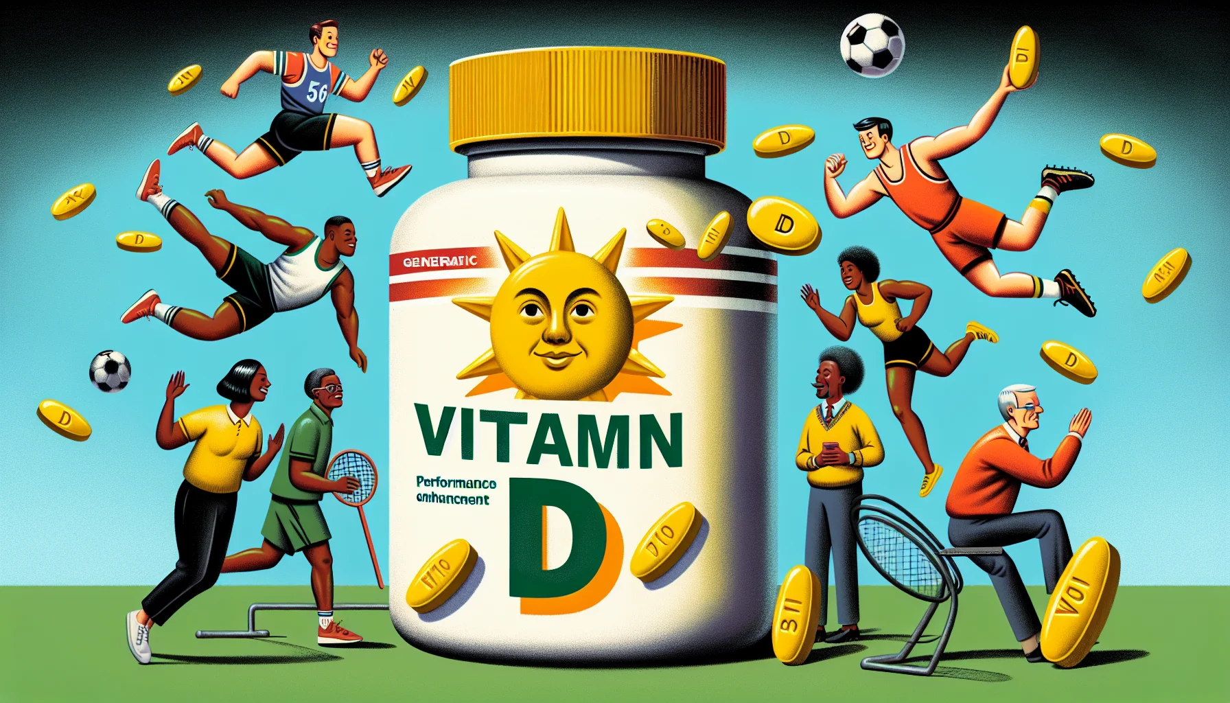 Create a lively image capturing multiple elements. Show a cartoon-style depiction of a large, standout container of vitamin D from a generic pharmacy, where the vitamins are humorously shaped like miniature suns. They are participating in various athletic events - soccer, athletics, swimming, etc., looking competitive yet endearing, making light of the idea of 'performance enhancement'. Next to them, people from diverse descents including Caucasian, Black and Hispanic, both male and female, are all exercising and having fun, looking at the vitamins in merriment. The aura suggests that vitamin D supplements could be a great addition to sports and overall health.