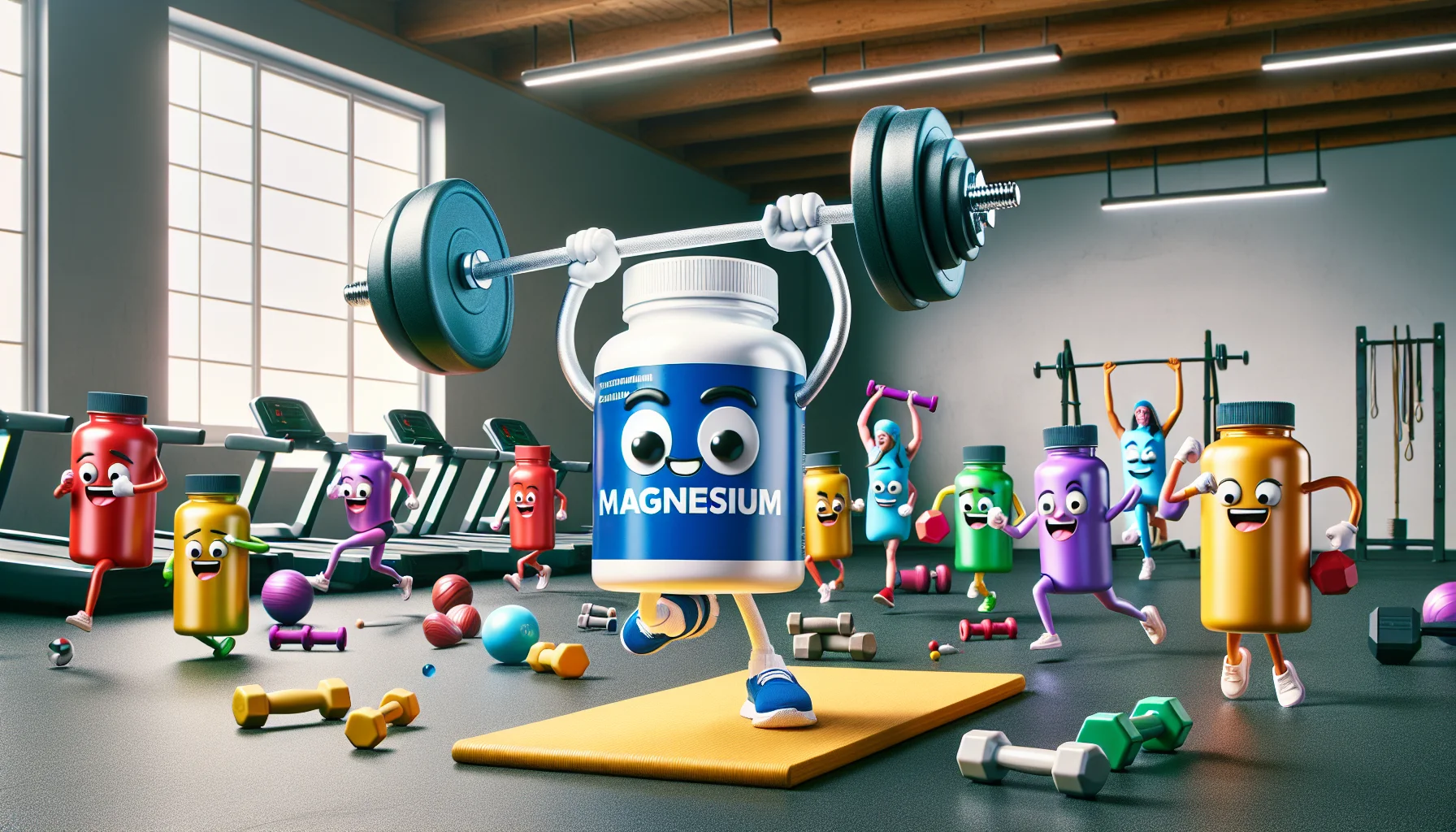 Create an image showcasing a vibrant magnesium supplement bottle humorously lifting weights among other athletic equipment. The background could be a gym setting filled with other supplements ambitiously engaging in various sports activities - running on treadmills, doing yoga, jumping ropes. This playful scenario emphasizes that supplements could give you an extra 'lift' in your sports routines. Include some cheerful color palette to highlight the fun and vitality in maintaining health through supplements intake.