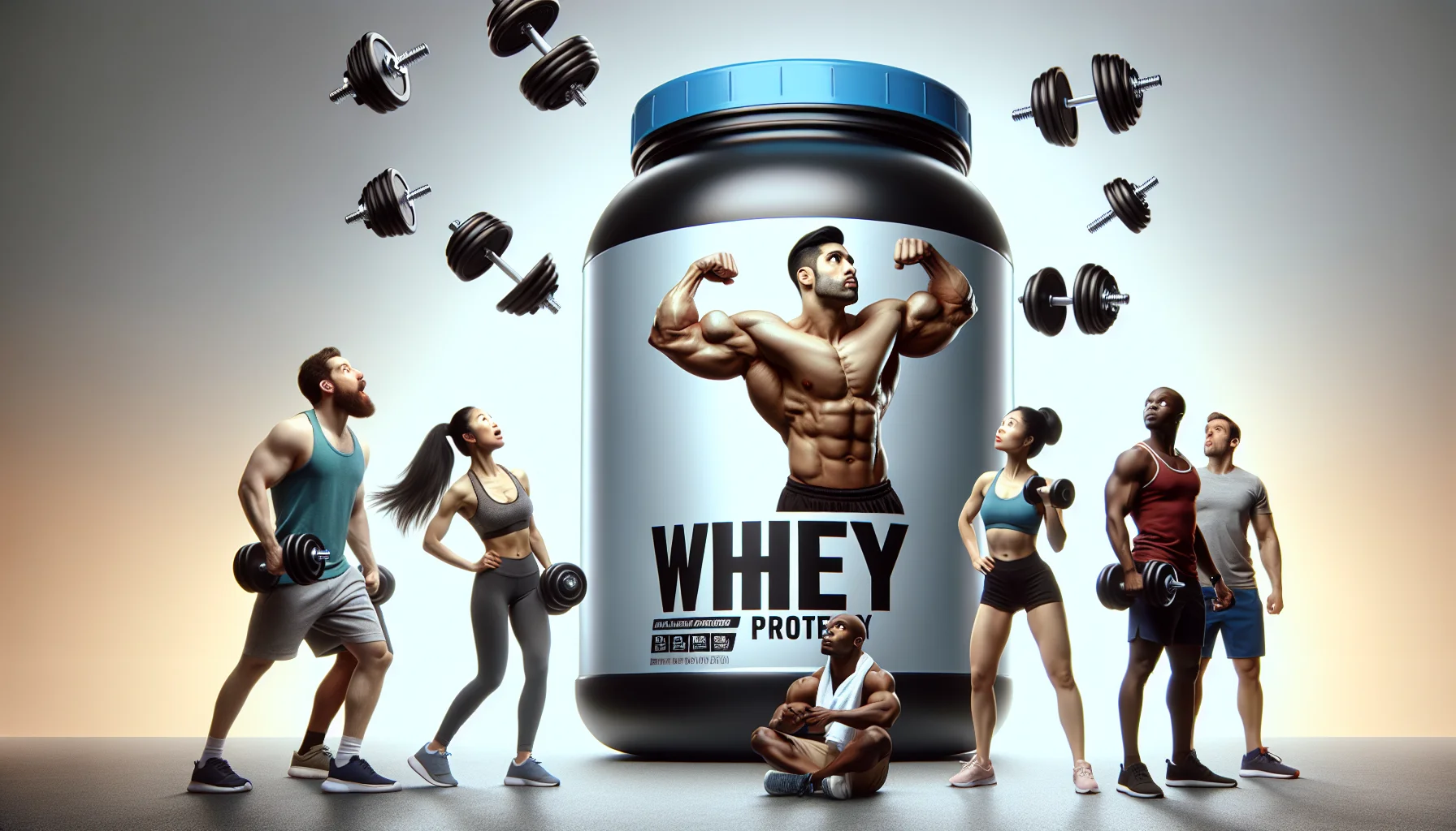 Imagine a humorous gym scene showing a gigantic container of whey protein powder, outshining everything else with its size and glossy packaging. The protein container gets the spotlight as it flexes muscular arms as if it has just finished an intense workout. A group of diverse and motivated individuals, such as an Asian woman, a Black man, and a Middle-Eastern man are left in sheer awe, staring at it with dumbbells mid-lift. Their expressions convey a mix of surprise, admiration, and a dash of envy. The scene is set to motivate people to utilize supplements for sports and exercise.