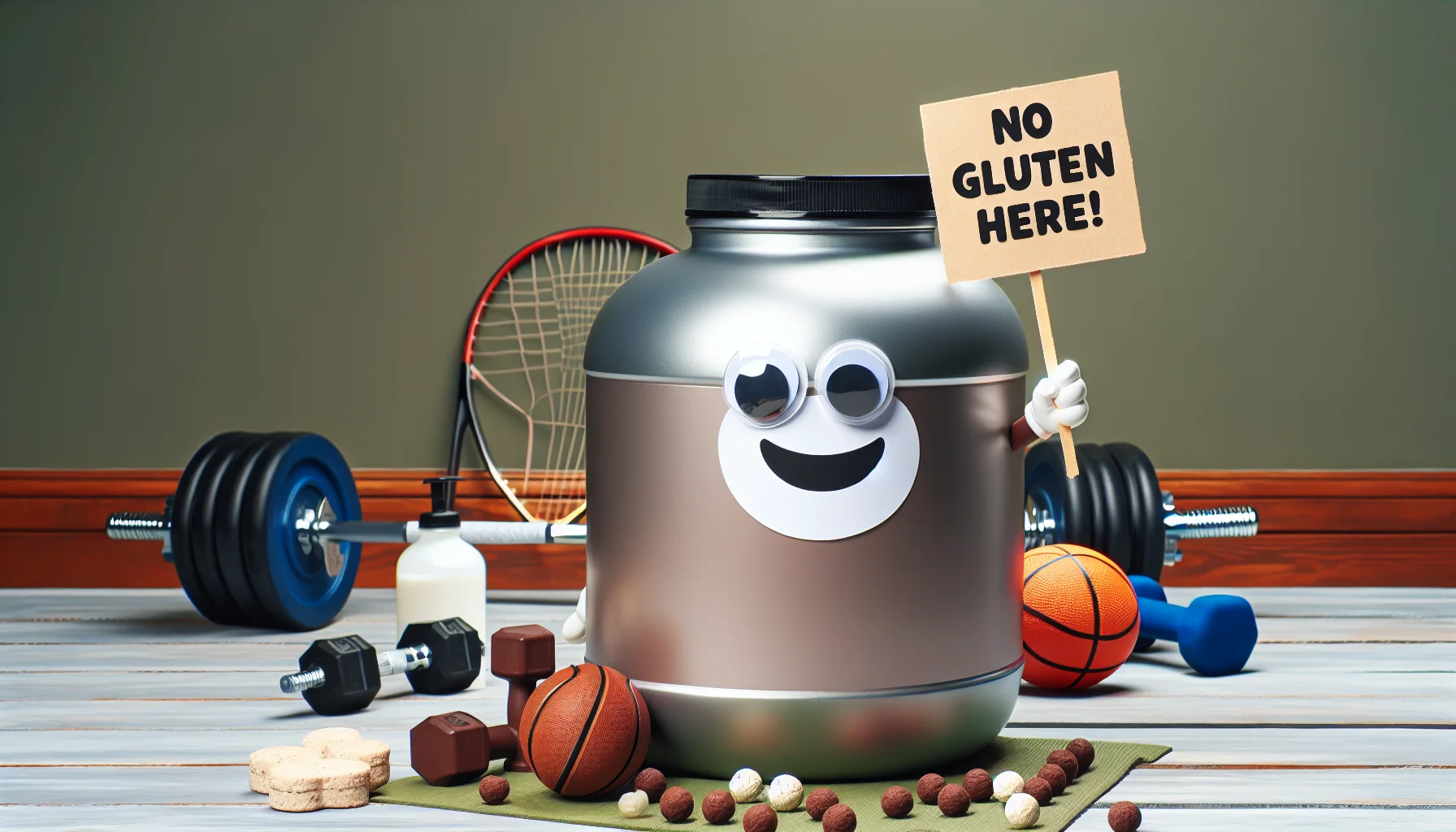 Create a humorous scene where a large tub of whey protein, personified with googly eyes and a wide smile, is in the center of the picture. Its container is shaking its head with a sign in one hand alongside which reads 'No Gluten Here!'. It is surrounded by a range of sports equipment such as a basketball, tennis racket, dumbbells scattered about to insinuate it's commonly used in a fitness context. Evoke a vibe of welcoming and enthusiasm to make the scene enticing for viewers considering sports supplements.