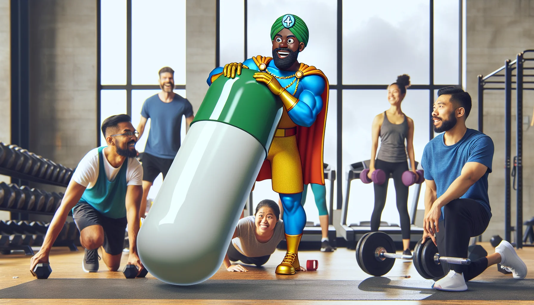 Create a humorous and realistic image capturing the importance of sports supplements. Visualize a scene where a humorous character, perhaps in a superhero costume, holds a large pill representing esomeprazole magnesium, a commonly used supplement. The character is in a gym, surrounded by energetic individuals of various descents and genders--a Middle-Eastern man doing push-ups, a South Asian woman lifting weights, and a Black man on a treadmill. The superhero character is showcasing the pill like a trophy, setting a jovial atmosphere while subtly promoting its use for sports performance.