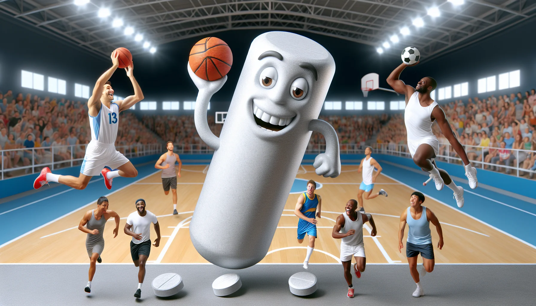 Imagine a humorous scene that is designed to encourage people to use magnesium supplements for sports. In this scene, picture a realistic, oversized magnesium supplement stick with anthropomorphic features like eyes and a smiling face. The stick gleefully participates in various sports activities, such as basketball, soccer, and running. It's depicted outperforming human athletes, who are in awe of its vitality and energy. To ensure an inclusive display, the athletes should be a mixture of genders and descents, including Hispanic males, Caucasian females, Black males, and East Asian females.