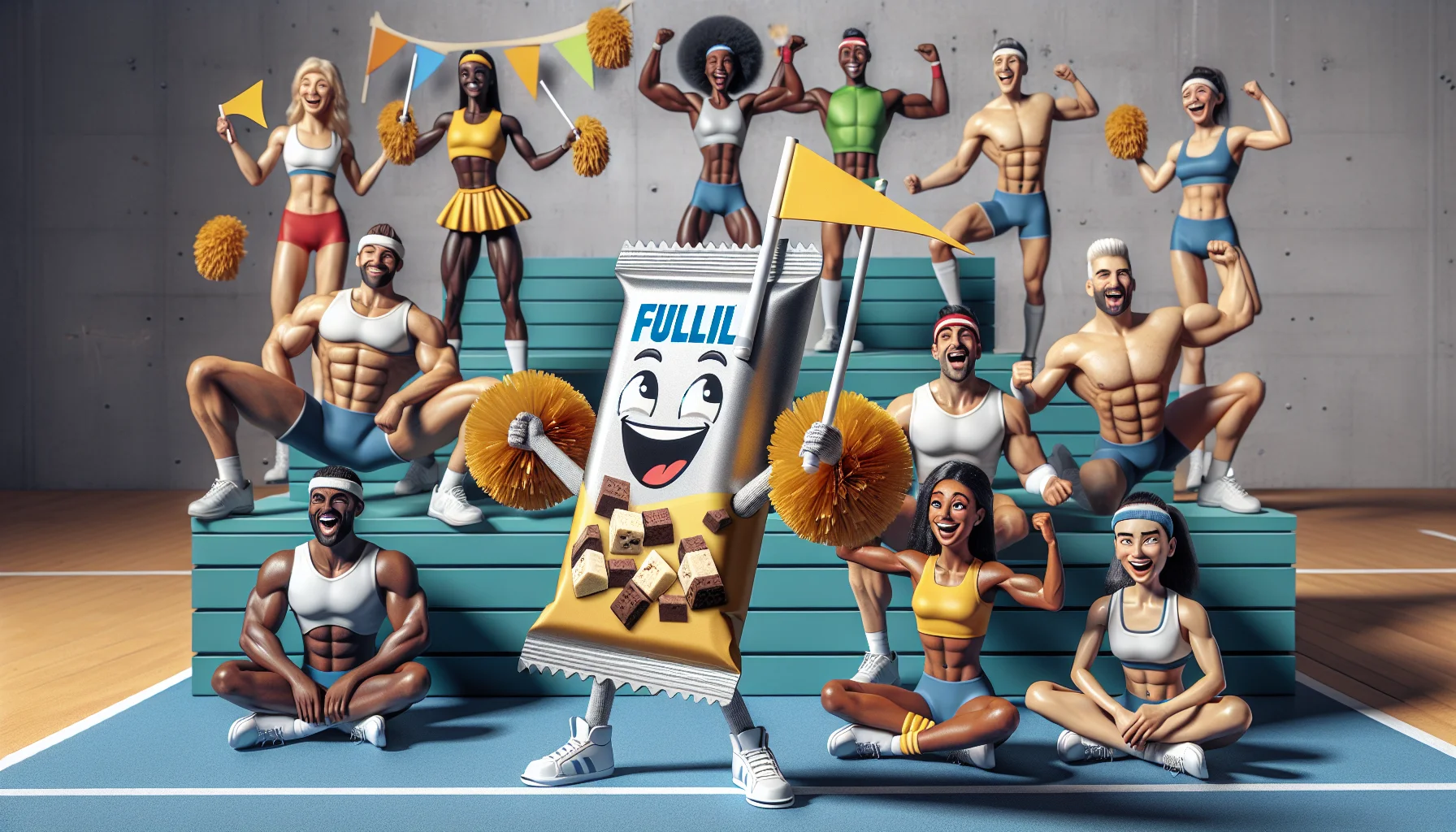 Imagine a humorous scene with a pile of FULFIL protein bars acting like cheerleaders, sporting little flags and pom-poms. These personified bars are cheering on a diverse group of athletes preparing for various sports in the background: a Caucasian female tennis player, a Black male gymnast, a Hispanic female swimmer, a Middle-Eastern male soccer player, a South Asian female cyclist, and a White male hurdler. They are all excited, ready to enhance their performance with these supplements, inciting feelings of aspiration and amusement.