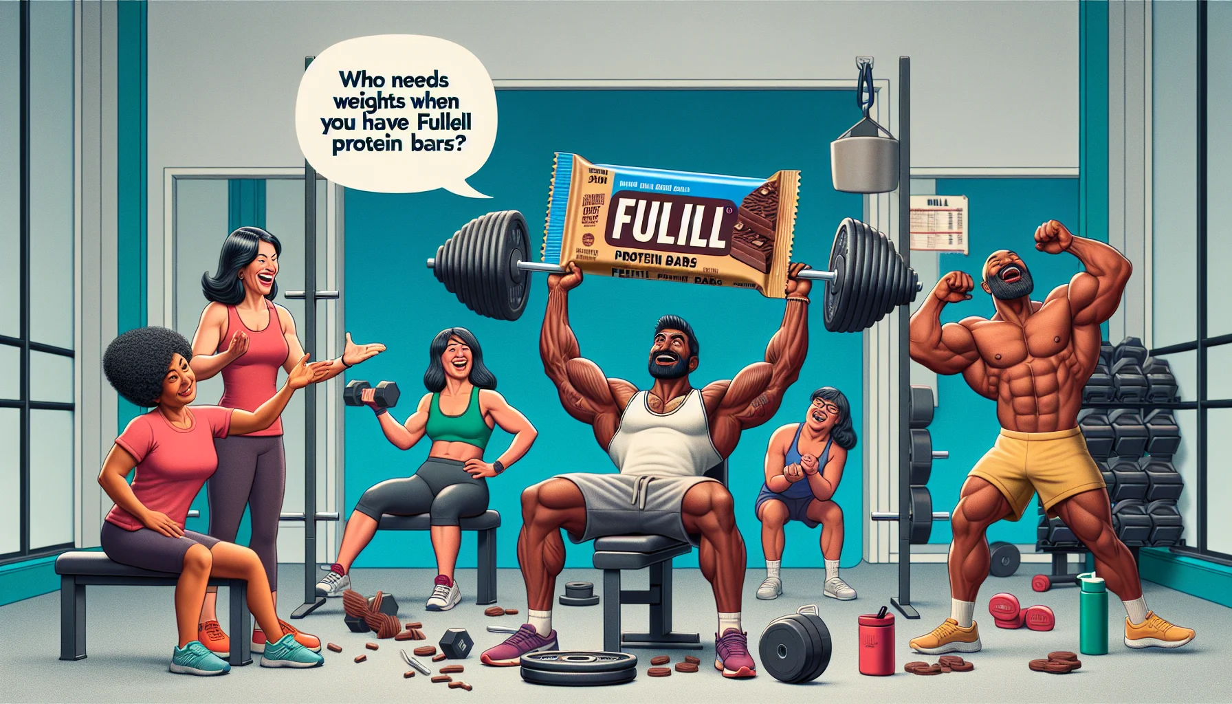Create a humorous scene centered around Fulfill branded protein bars. Imagine a gym setting, where a multiracial group of people, both male and female, are working out. One person, a South Asian woman, has lifted an exceptionally heavy weight up high and upon it lies a protein bar, causing a pause in her routine and causing everyone around her to have a good hearty laugh. An African American man, quite muscular and fit, trades his dumbbell for the protein bar, adding to the giggles. On the side, a text bubbles read, 'Who needs weights when you have Fulfill protein bars?'. The scenario overall should be fun, lively and promote the use of protein bars in sports and exercise.