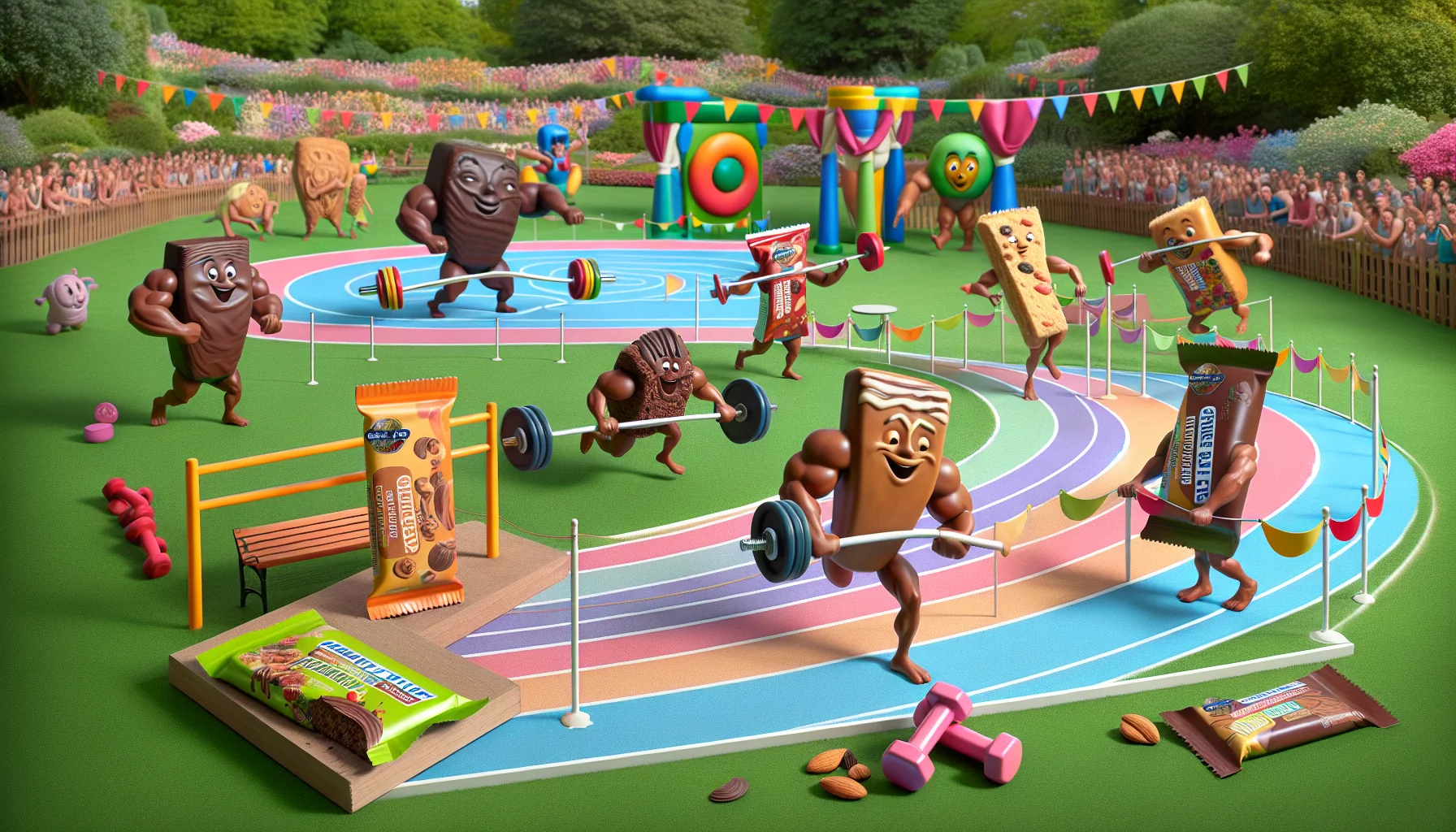 Imagine an amusing scenario that takes place in a colorful outdoor fitness park. A variety of Garden of Life protein bars are participating in their own olympics! Each variety of bar is characterized and anthropomorphized into different athletes: the 'Chocolate Fudge' bar is a burly weightlifter, lifting dumbbells; the 'Peanut Butter Chocolate' shows its agility as a sprightly sprinter; and the 'Vanilla Almond' bar elegantly performs rhythmic gymnastics with ribbons. Across the park, spectators of all descents and genders eagerly cheer them on. This whimsical scene highlights the added energy and performance these bars can bring to one's routine.