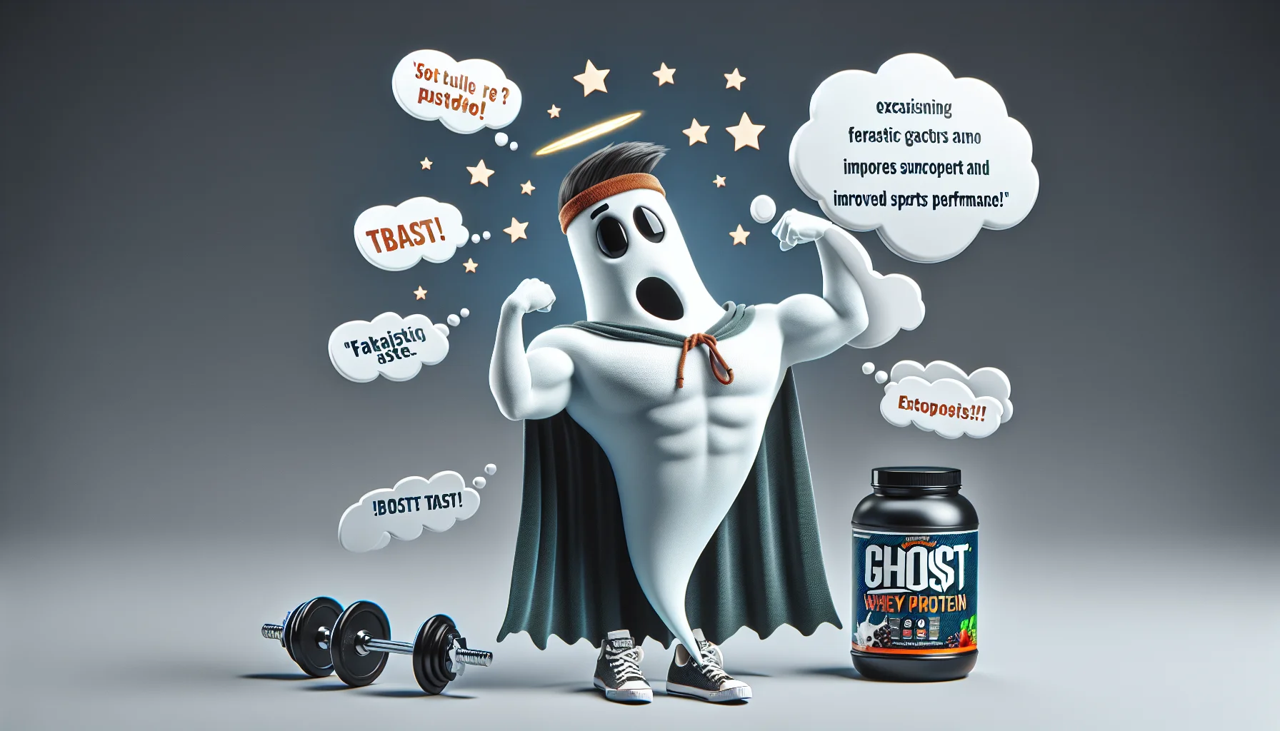 Craft a humor-filled scenario that portrays an imagined character providing a review for ghost whey protein. This lighthearted character could be personified as a friendly, energetic, cartoonish ghost who is outfitted in top-tier workout gear. They enthusiastically flex their spectral muscles while demonstrating a bemused excitement about the supplement. Display a thought bubble where the ghost is exclaiming about the fantastic taste and the improved sports performance it provides. Incorporate detailed imagery of the product package nearby, and perhaps a semi-transparent dumbbell in the ghost's other hand to indicate the sports context. This scenario is intended to promote the use of supplements in a fun, enticing way.