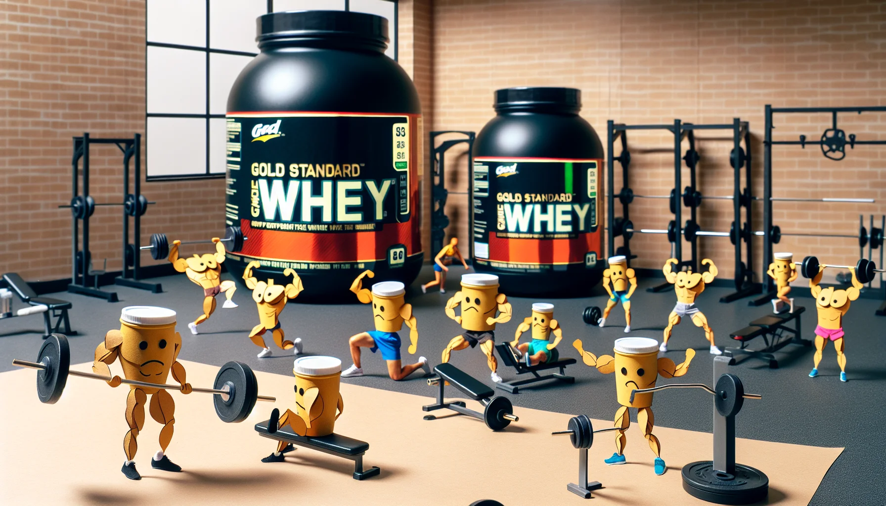 Create a whimsical scenario showing oversized gold standard whey protein containers from a generic wholesale store. They are interacting in a gym setting, with tiny cut-out muscular arms and legs, attempting to lift weights and do exercises as people would. Some containers are trying to use exercise machines, while others are engaged in cardio workouts. Additionally, some containers are cheerleaders, encouraging their fellow containers. This should elicit a chuckle and serve as an indirect recommendation for incorporating supplements in a sports regime.