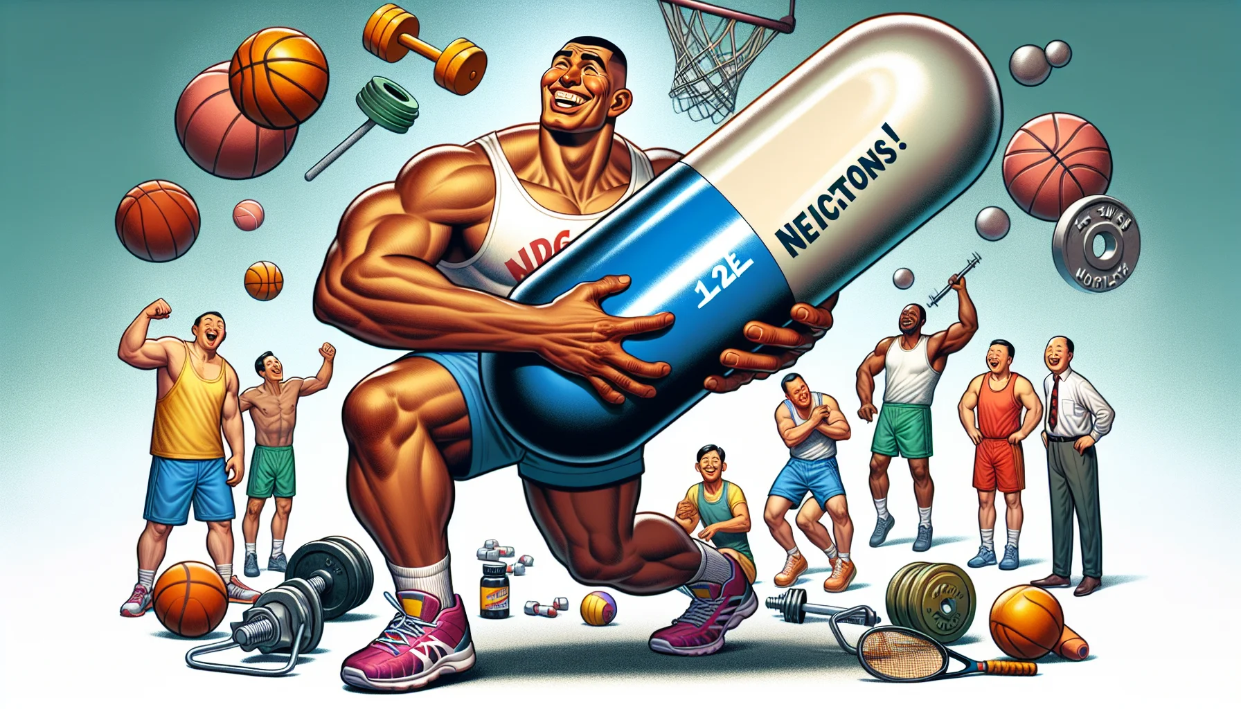 In a humorous scene depicting the world of sports supplements, there's a tall and muscular man, of Hispanic descent, playfully struggling to lift a giant magnesium pill. This pill has '12 Neutrons!' written on its side. It is a funny and metaphorical depiction of the nuclear aspect of magnesium, an essential mineral in sport supplements. Around the man, a variety of sports equipments such as basketballs, dumbbells and tennis rackets are scattered and a group of multi-ethnic athletes are seen laughing together in the background.