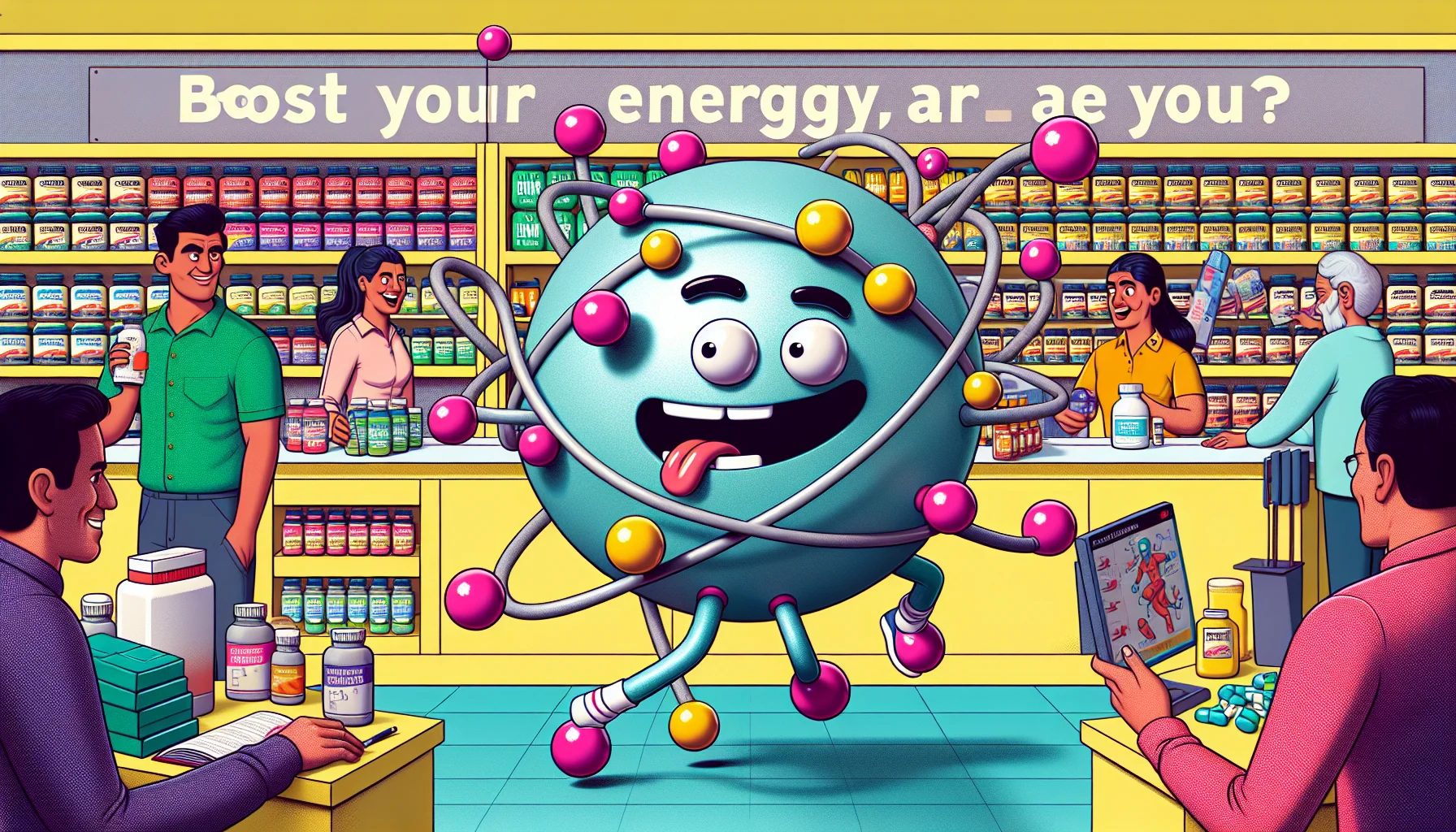 A quirkily illustrated image of a magnesium atom, prominently showing its twelve protons in the nucleus and twelve electrons orbiting around it. Specifically, notice the two valence electrons in its outer shell symbolizing magnesium's common readiness to give up those electrons in chemical reactions. These electrons are animated in a playful way, as if they're ready to jump off and race each other. The background comprises a lively sports supplement shop with a diverse range of customers - a Middle-Eastern woman choosing protein powders, a Caucasian man examining vitamin bottles, and a South Asian teenager looking at energy bars. A banner overhead reads, 'Boost your energy with Magnesium - it's ready to race, are you?'
