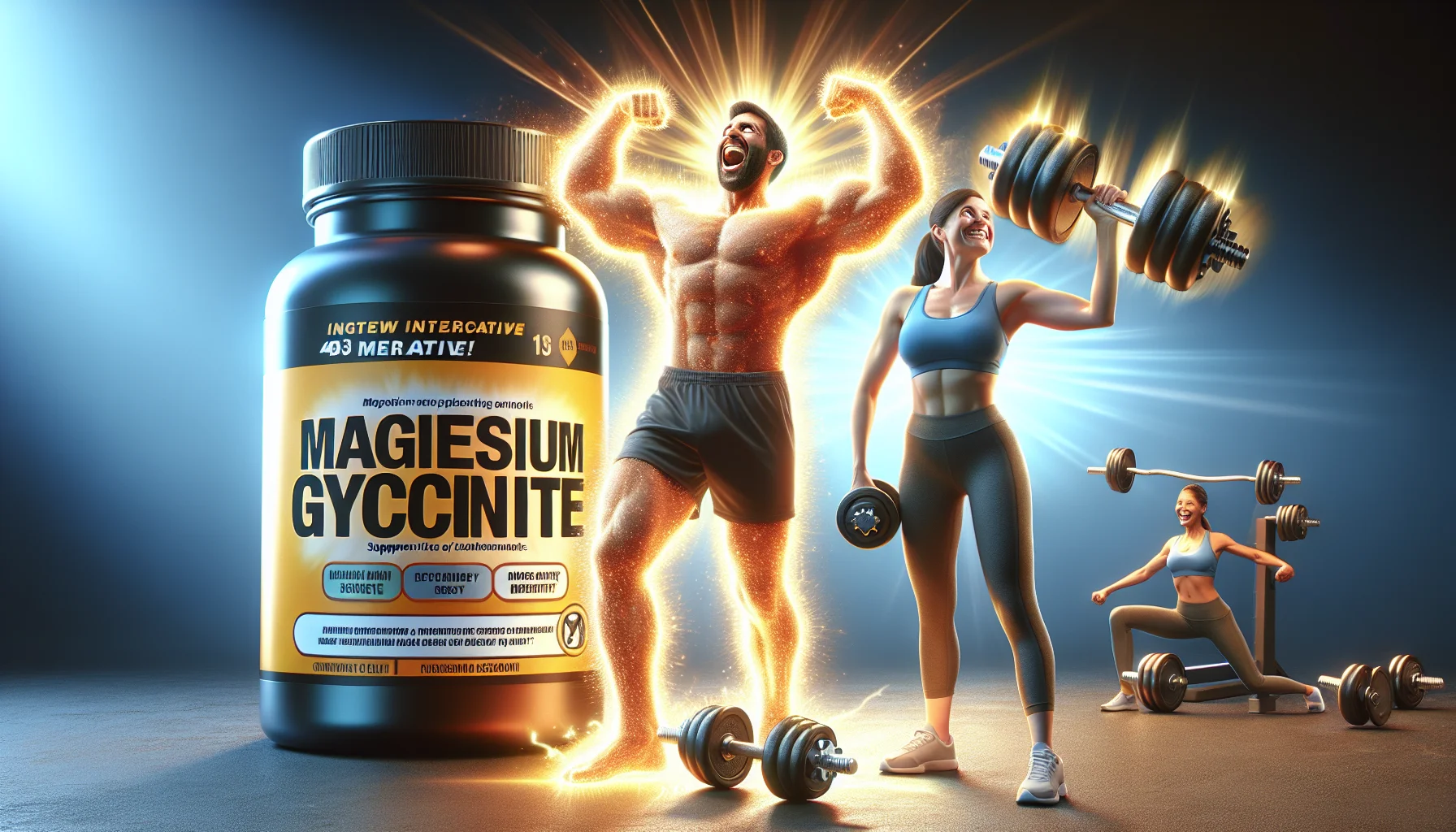 Generate an interactive image captured in a humorous light accentuating the benefits of magnesium glycinate supplements for sports enthusiasts. Show a closed bottle of magnesium glycinate supplements emanating an aura of energy. Next to it, depict a cartoon-like, playful muscular person of Hispanic descent with sports attire lifting weights. Have a gleeful Caucasian woman standing right beside, easily lifting a larger dumbbell with a vibrant glow around her, subtly indicating that she has been taking the supplements. The scene should subtly encompass the vitality and energy induced by the supplements. Please ensure all elements have a realistic touch.