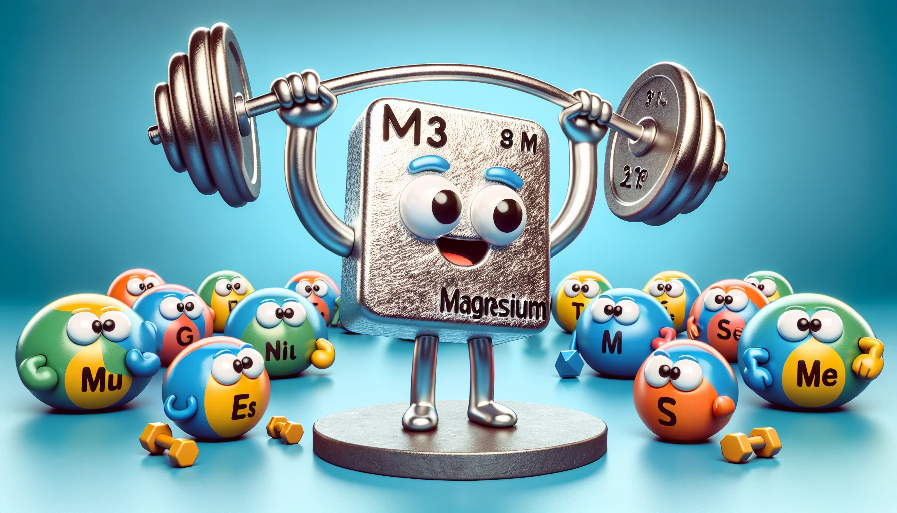 An amusing illustration demonstrating the metallic nature of magnesium, styled as a cartoonish character made of bright, shiny material. The character is lifting weights - a playful nod to its use in sports supplements. It's surrounded by a crowd of other element characters looking at it in awe. One of the elements holds a sign saying, 'Magnesium: Essential for Sports!' Please ensure the characters and symbols follow scientific conventions to maintain the educational context while ensuring an entertaining scene.